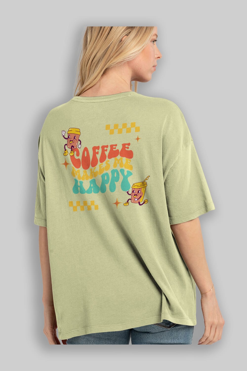 Coffee Makes Me Happy Yazılı Arka Baskılı Oversize t-shirt Erkek Kadın Unisex