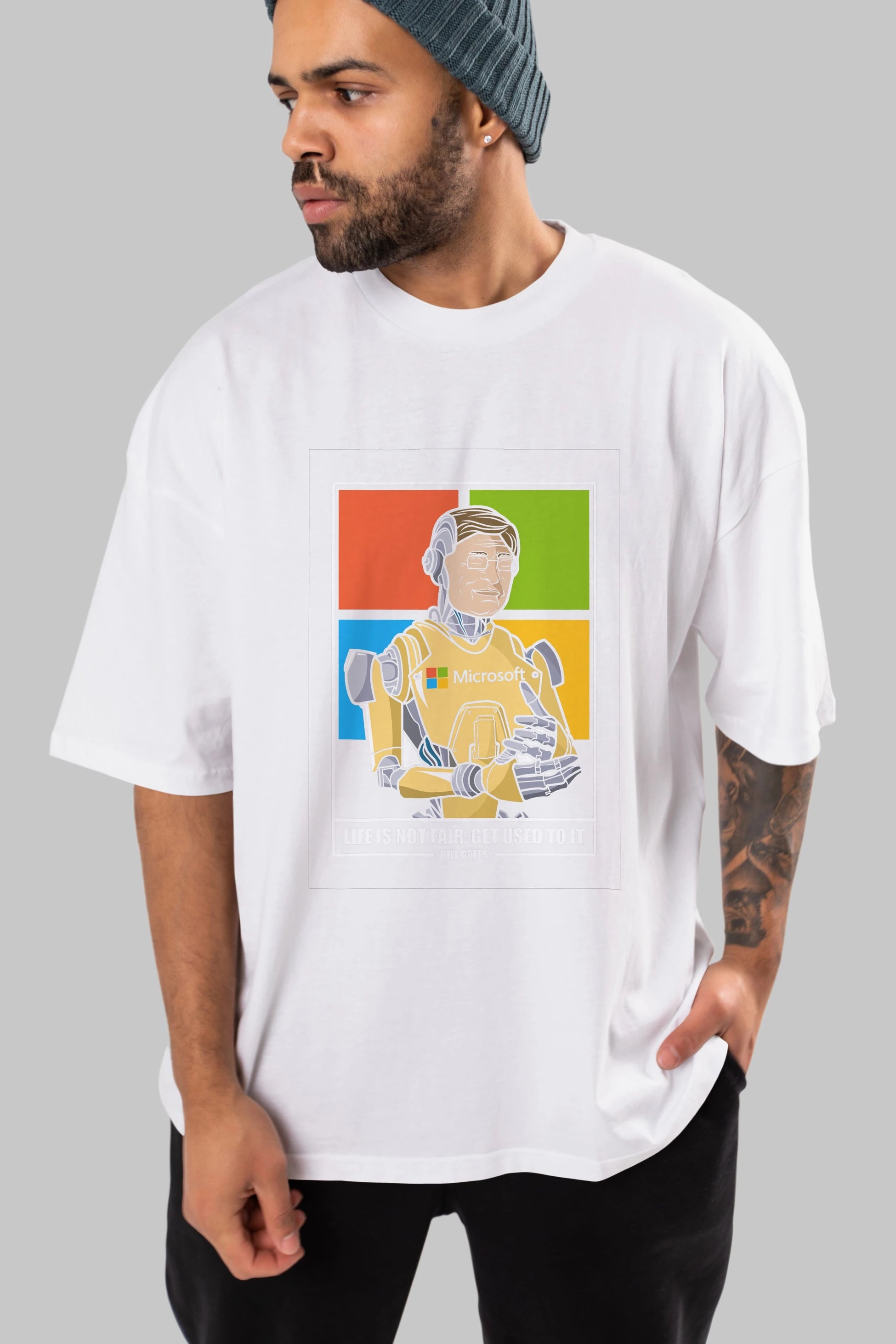 Bill Gates Robot Human Ön Baskılı Oversize t-shirt Erkek Kadın Unisex %100 Pamuk tişort