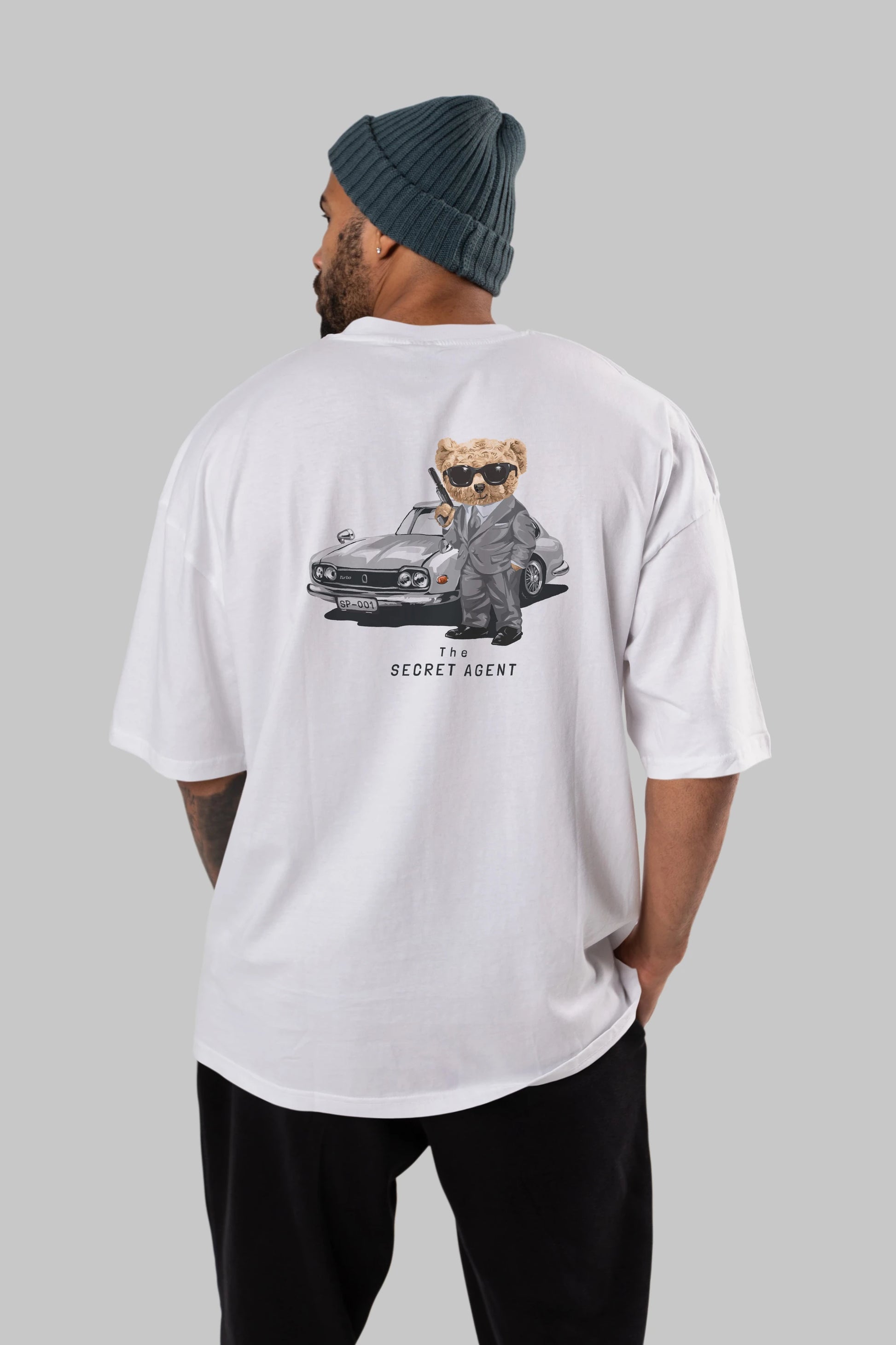 Teddy Bear The Secret Agent Arka Baskılı Oversize t-shirt Erkek Kadın Unisex %100 Pamuk