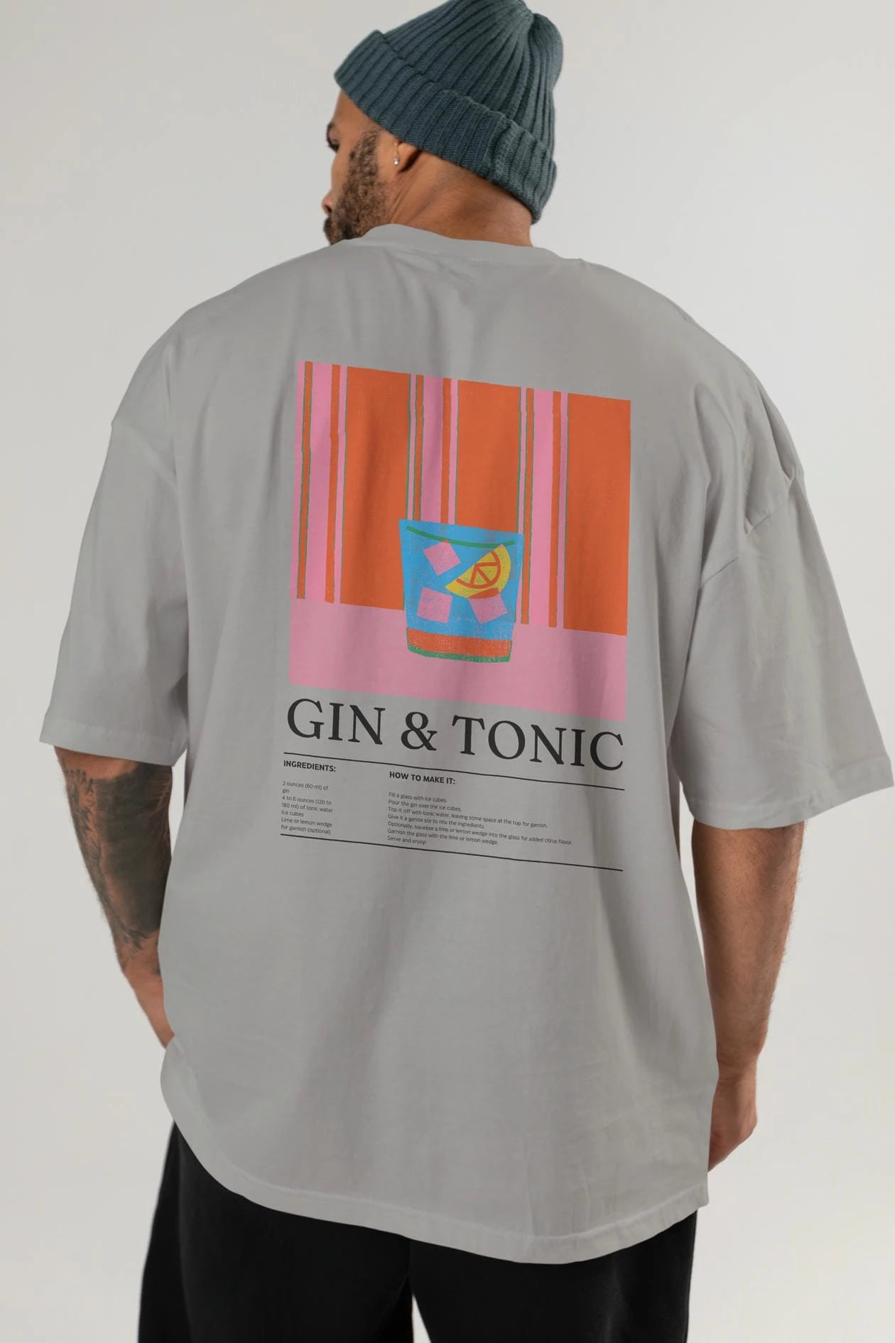 Gin Tonic Kokteyl Serisi Arka Baskılı Oversize t-shirt Erkek Kadın %100 Pamuk Bisiklet Yaka tişort