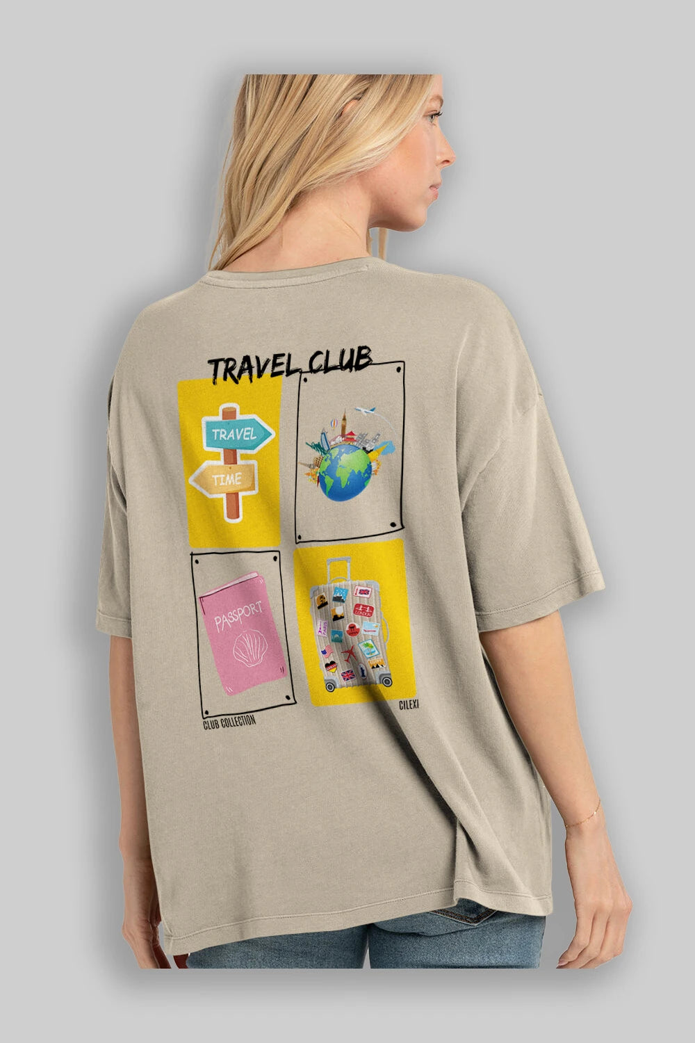 Travel Club Arka Baskılı Oversize t-shirt Erkek Kadın %100 Pamuk Bisiklet Yaka tişort