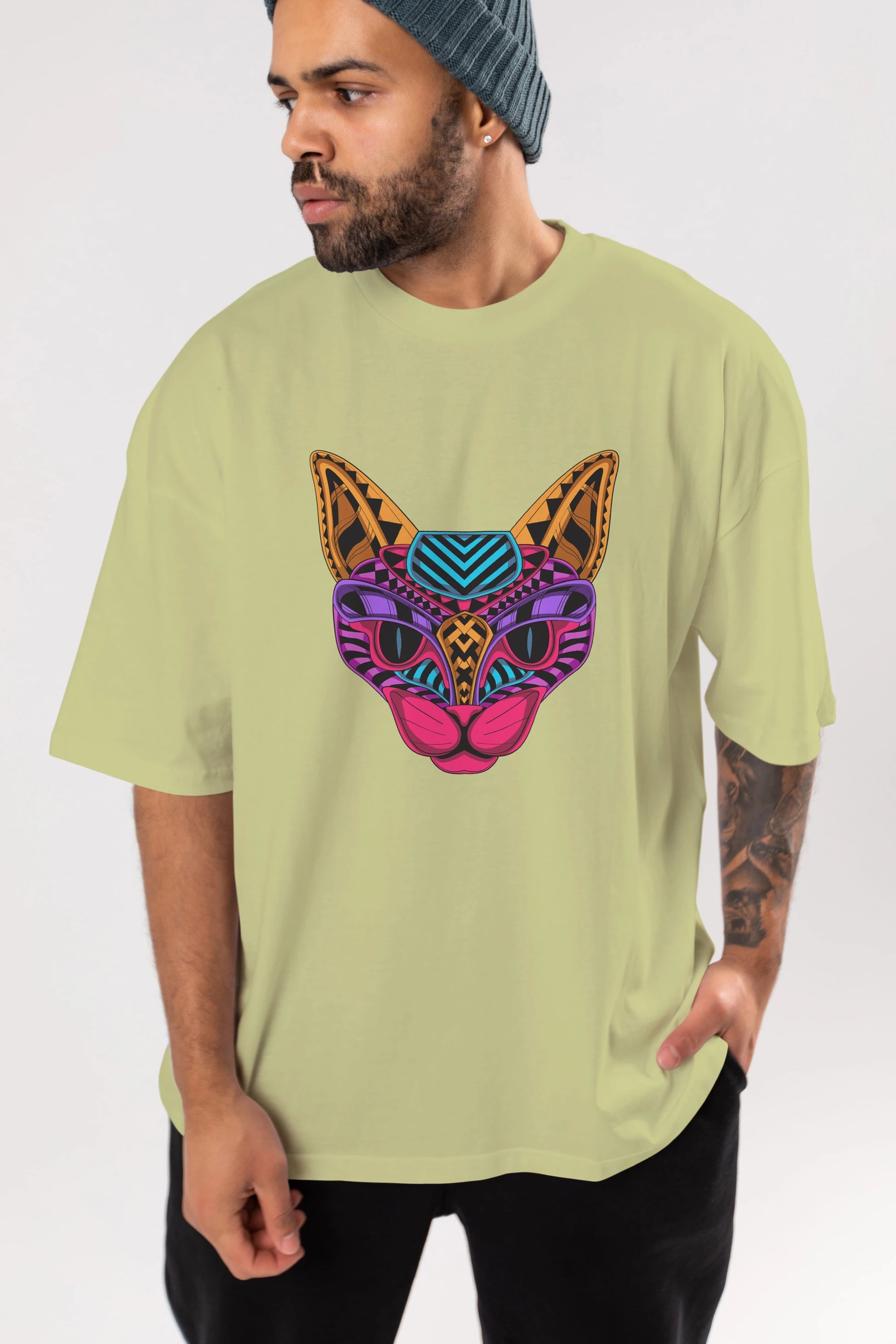Black Neon Cat Ön Baskılı Oversize t-shirt Erkek Kadın Unisex