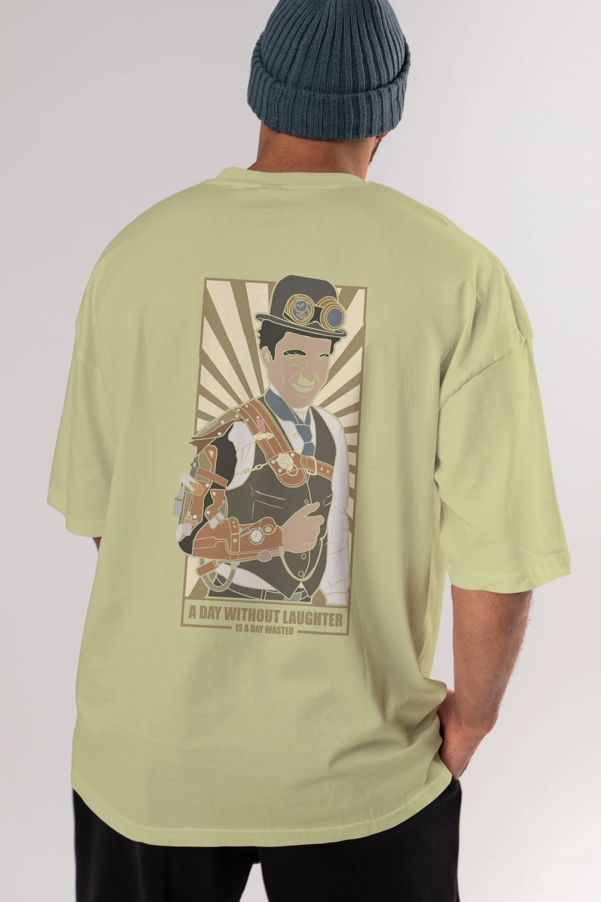 Steampunk Chaplin Arka Baskılı Oversize t-shirt Erkek Kadın Unisex %100 Pamuk tişort