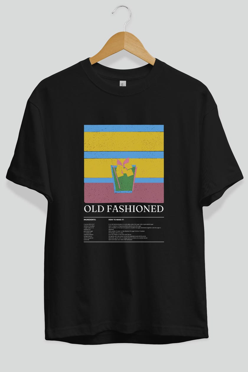 Old Fashioned Kokteyl Ön Baskılı Oversize t-shirt Erkek Kadın %100 Pamuk Bisiklet Yaka tişort