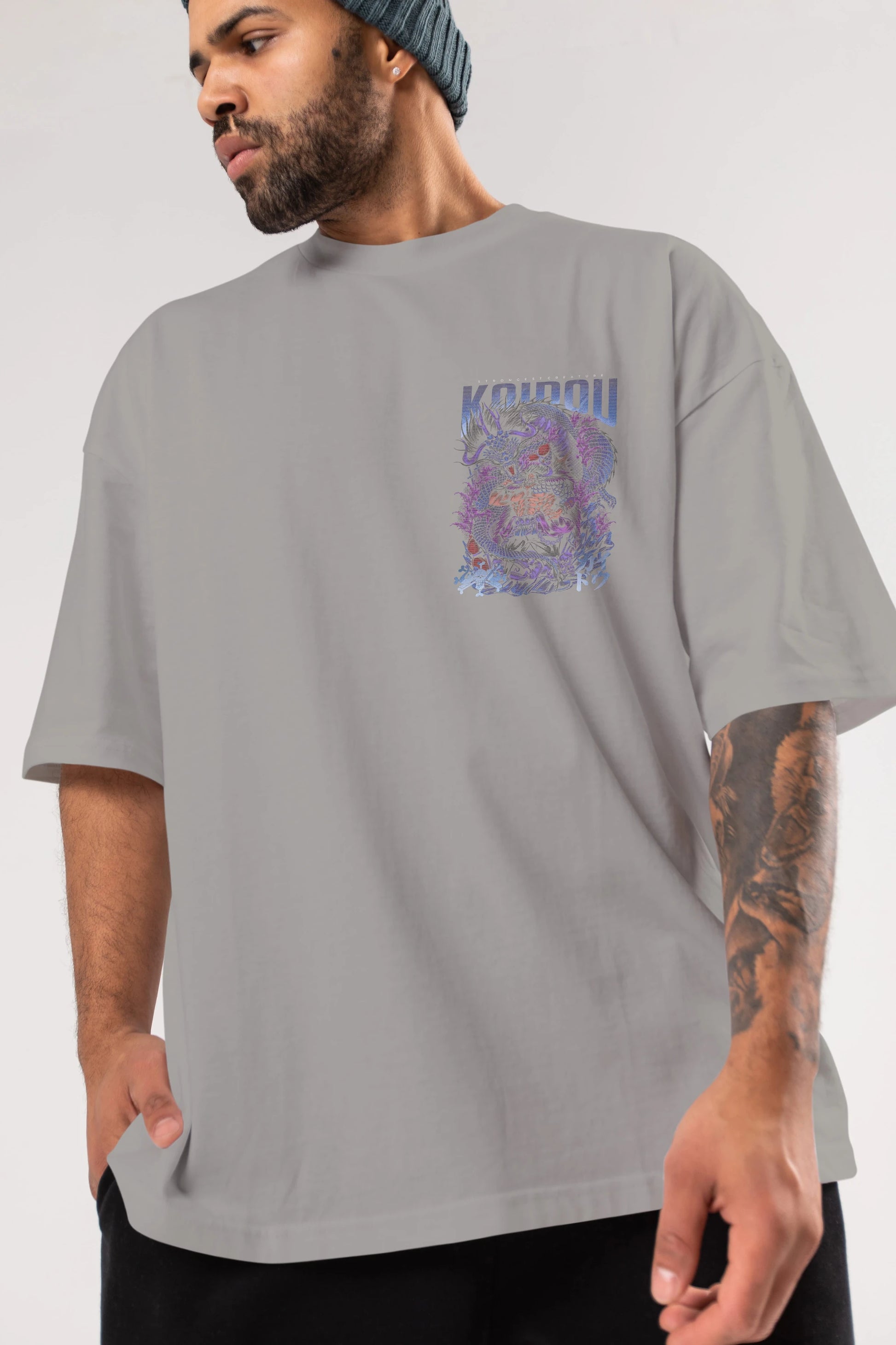 KAIDOU ONE PIECE Ön Sol Baskılı Oversize t-shirt Erkek Kadın Unisex %100 Pamuk Bisiklet Yaka tişort