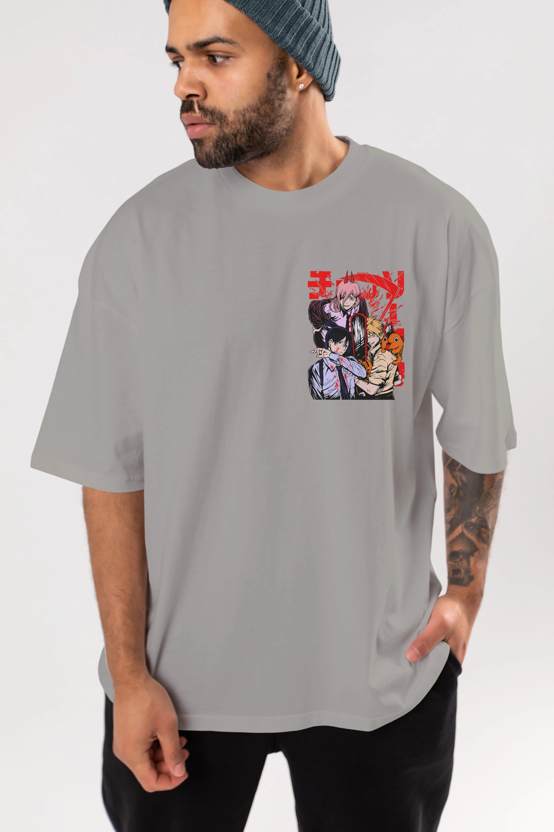 CHAINSAWMAN CREW Ön Sol Baskılı Oversize t-shirt Erkek Kadın Unisex %100 Pamuk Bisiklet Yaka tişort