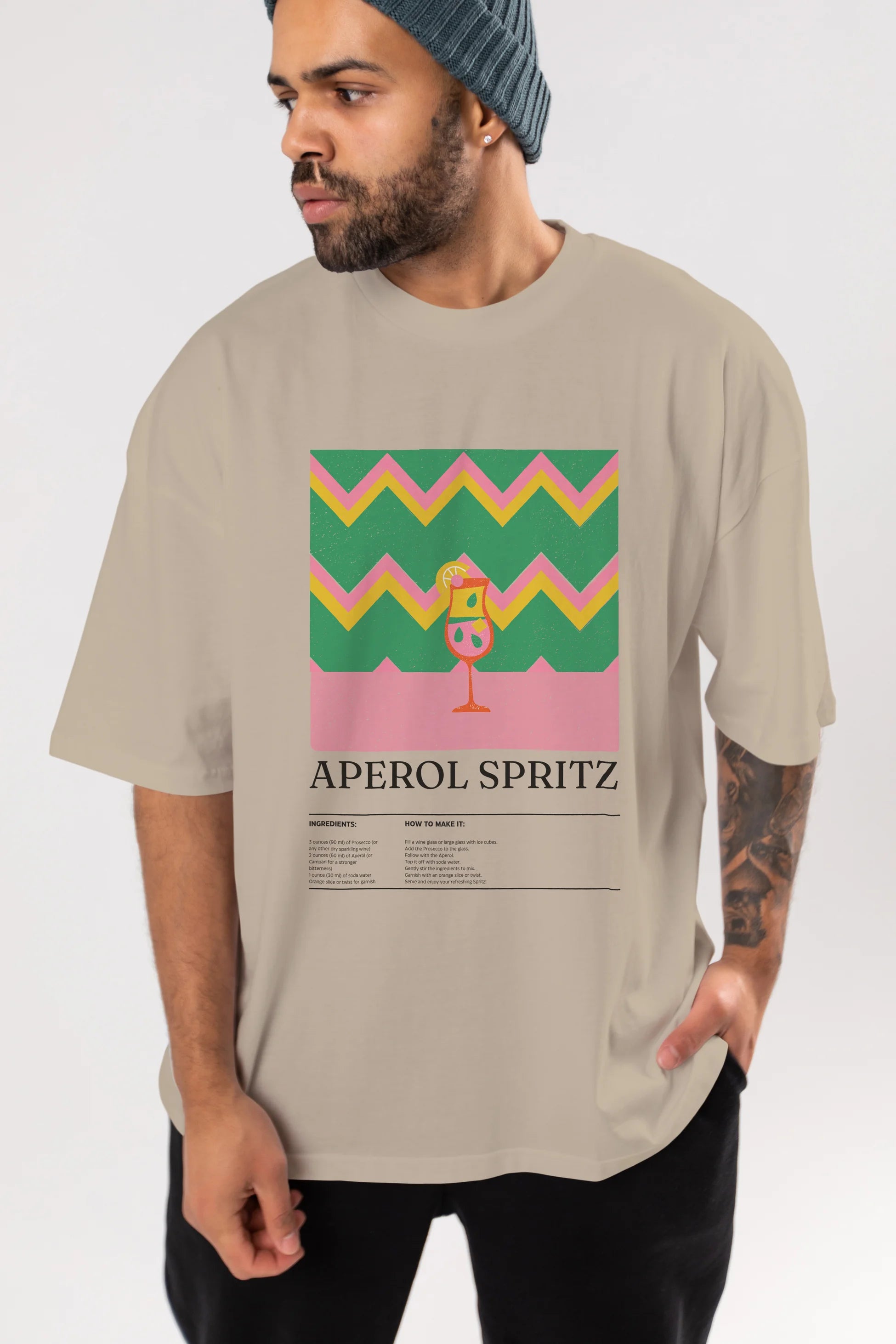 Aperol Spritz Kokteyl Ön Baskılı Oversize t-shirt Erkek Kadın %100 Pamuk Bisiklet Yaka tişort
