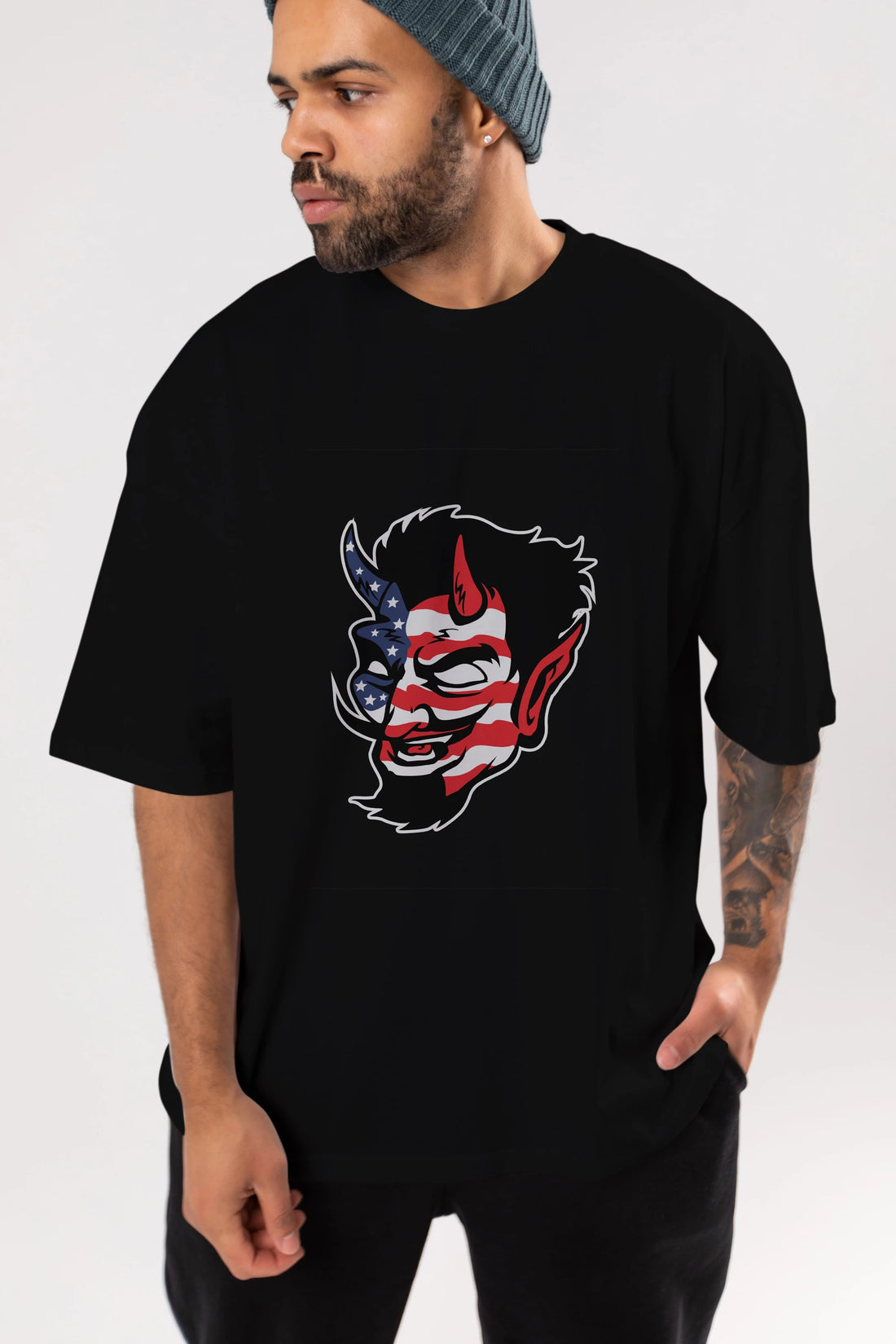 American Devil Ön Baskılı Oversize t-shirt Erkek Kadın Unisex %100 Pamuk tişort
