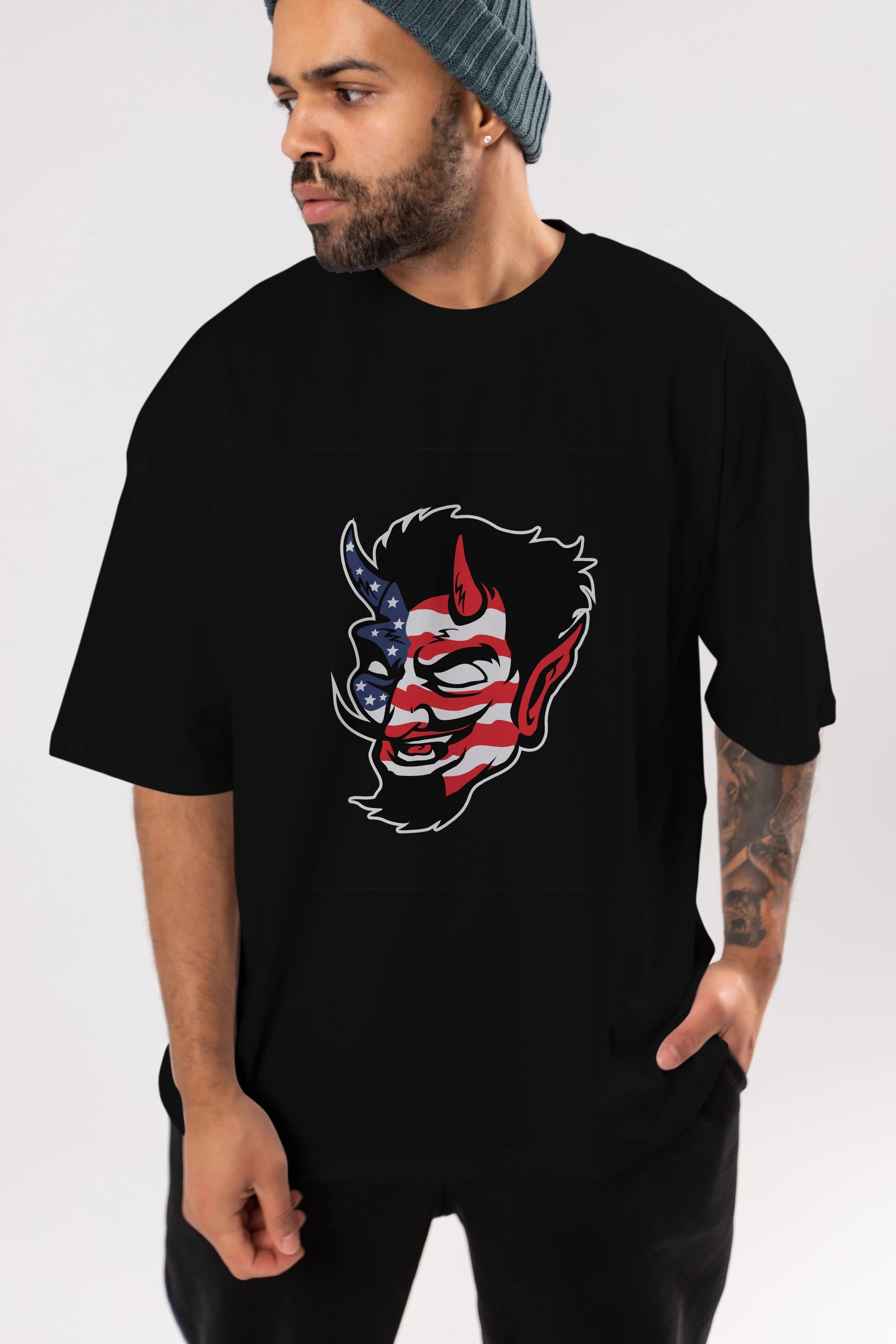 American Devil Ön Baskılı Oversize t-shirt Erkek Kadın Unisex %100 Pamuk tişort