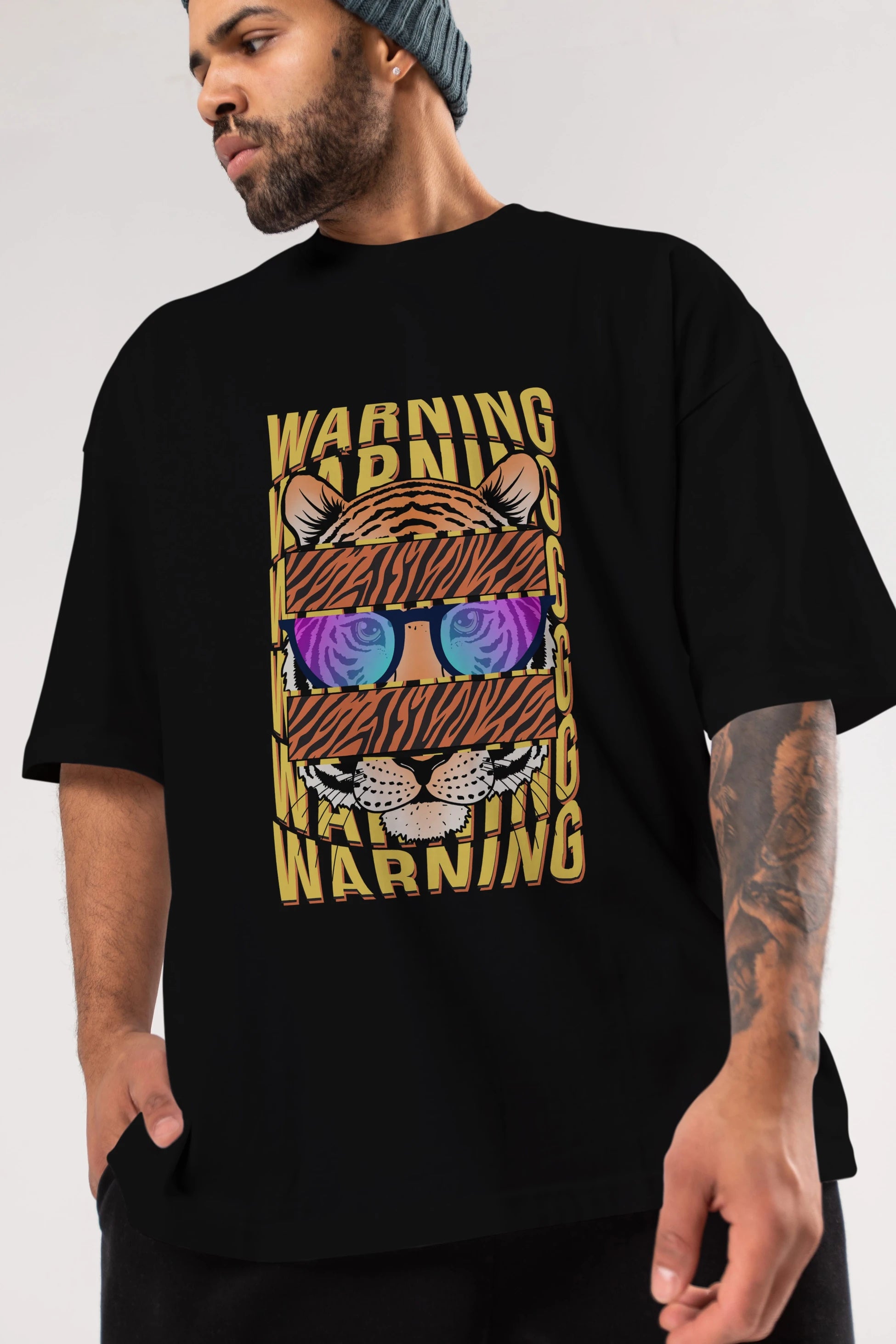 Warning Yazılı Ön Baskılı Oversize t-shirt Erkek Kadın Unisex