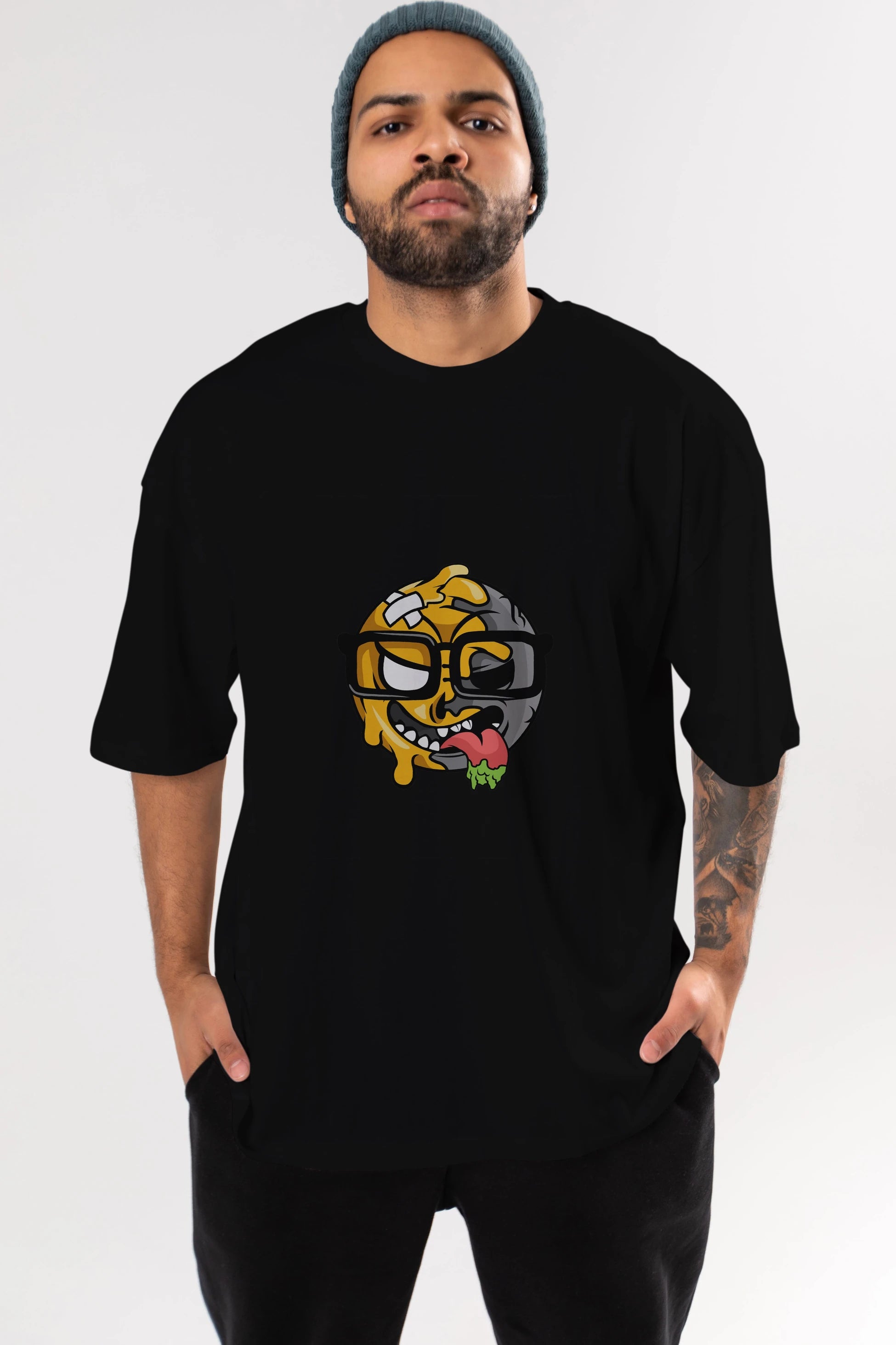 Smiley Nerd Ön Baskılı Oversize t-shirt Erkek Kadın Unisex %100 Pamuk tişort