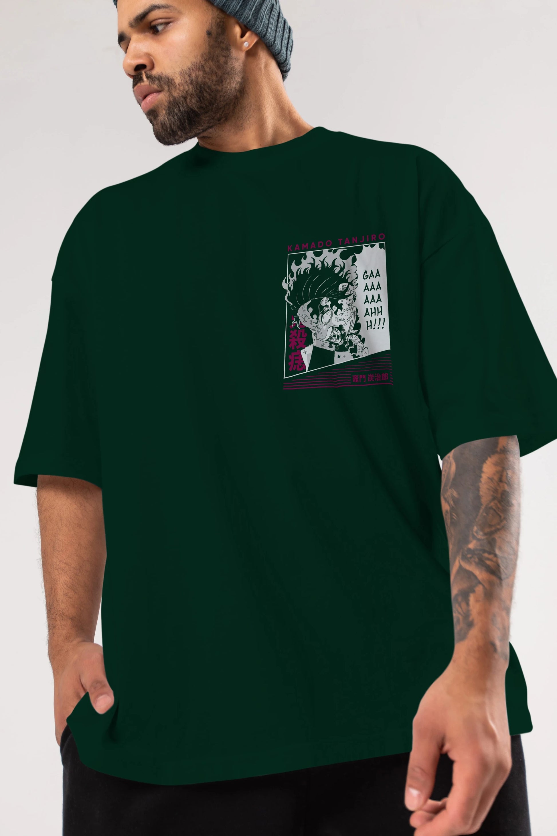 TANJIRO KAMADO 3 Ön Sol Baskılı Oversize t-shirt Erkek Kadın Unisex %100 Pamuk Bisiklet Yaka tişort