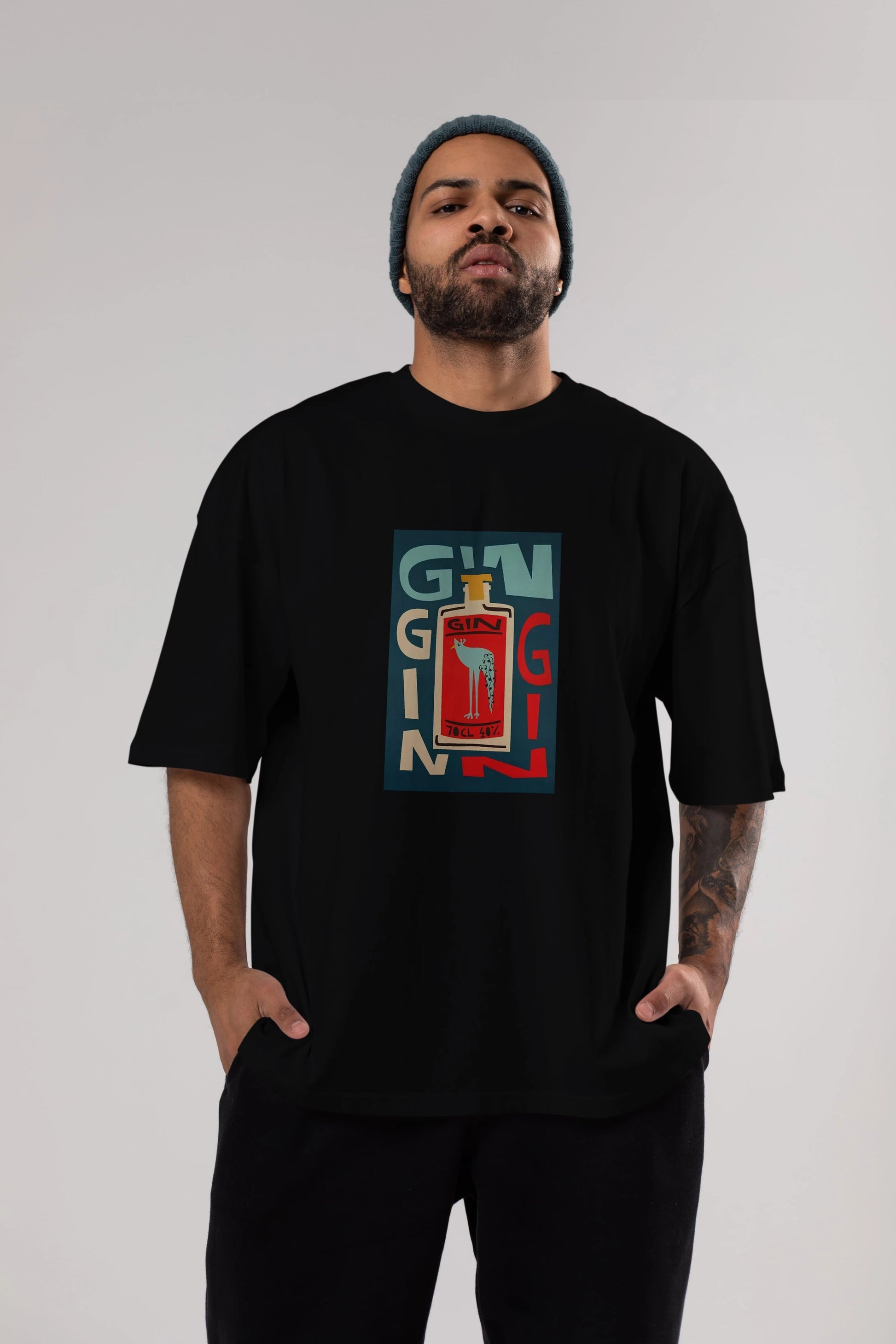 Gin 2 Ön Baskılı Oversize t-shirt Erkek Kadın Unisex %100 Pamuk Bisiklet Yaka tişort