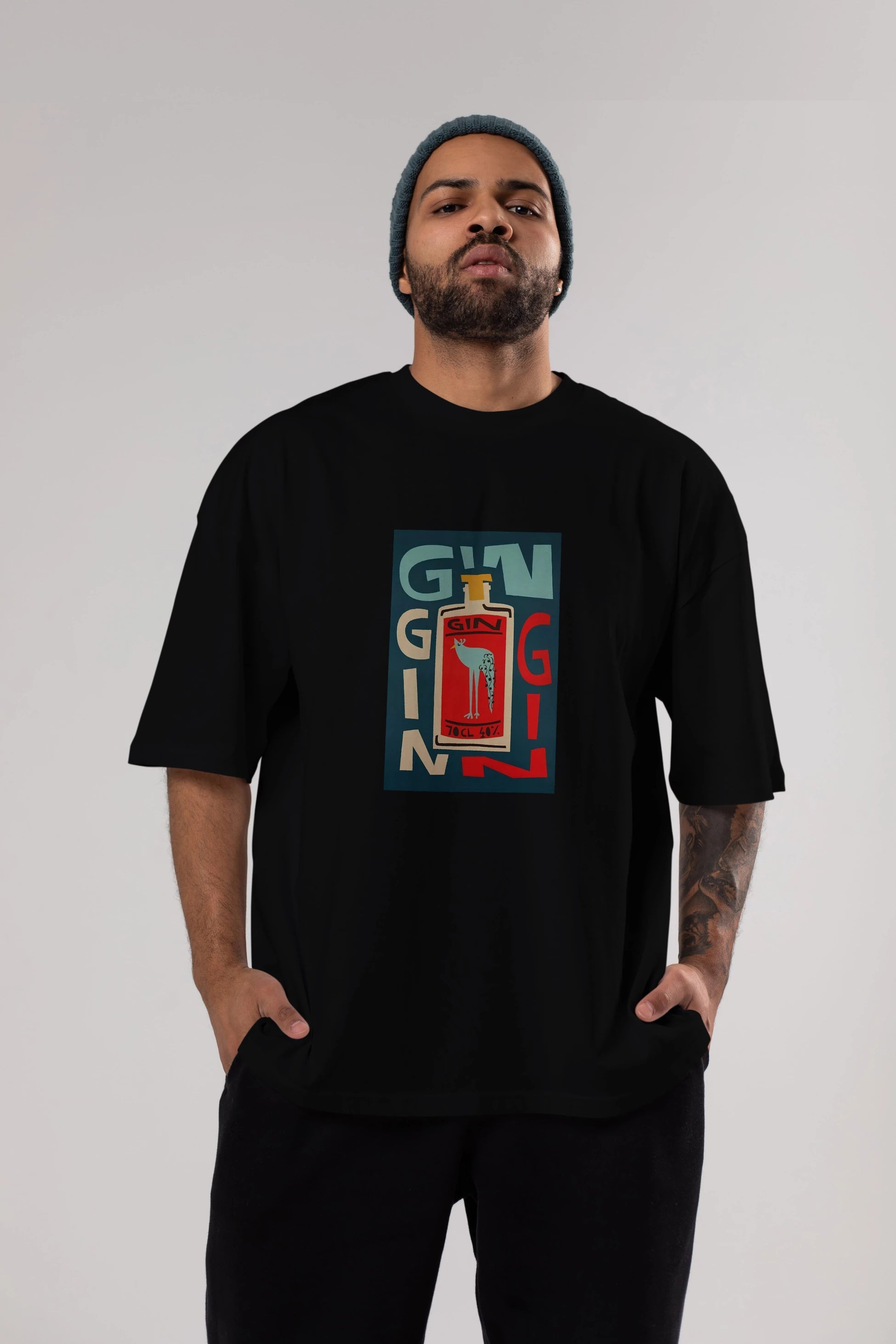 Gin 2 Ön Baskılı Oversize t-shirt Erkek Kadın Unisex %100 Pamuk Bisiklet Yaka tişort