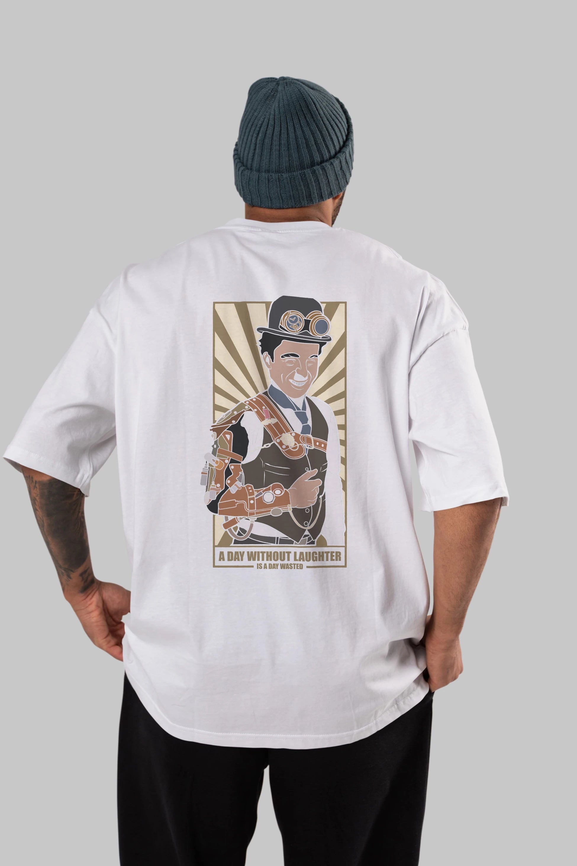 Steampunk Chaplin Arka Baskılı Oversize t-shirt Erkek Kadın Unisex %100 Pamuk tişort
