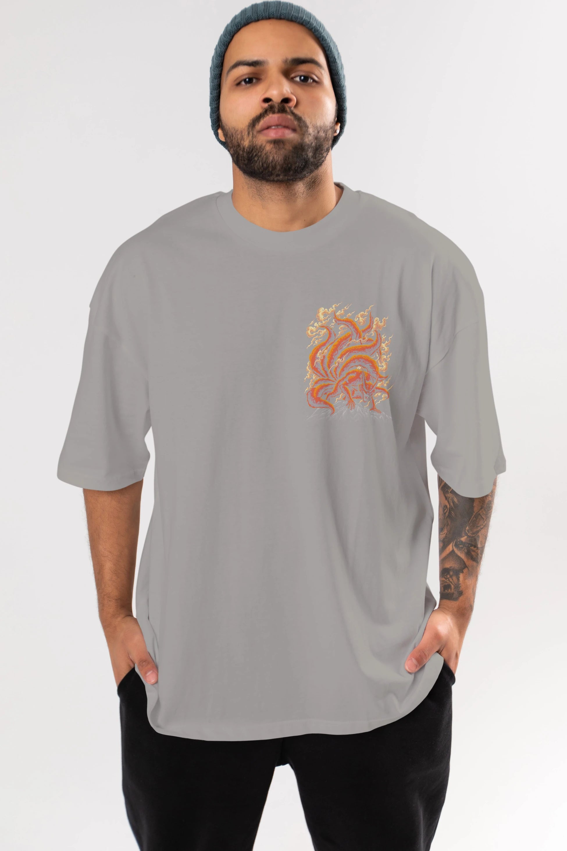 NARUTO KYUUBI Ön Sol Baskılı Oversize t-shirt Erkek Kadın Unisex %100 Pamuk Bisiklet Yaka tişort