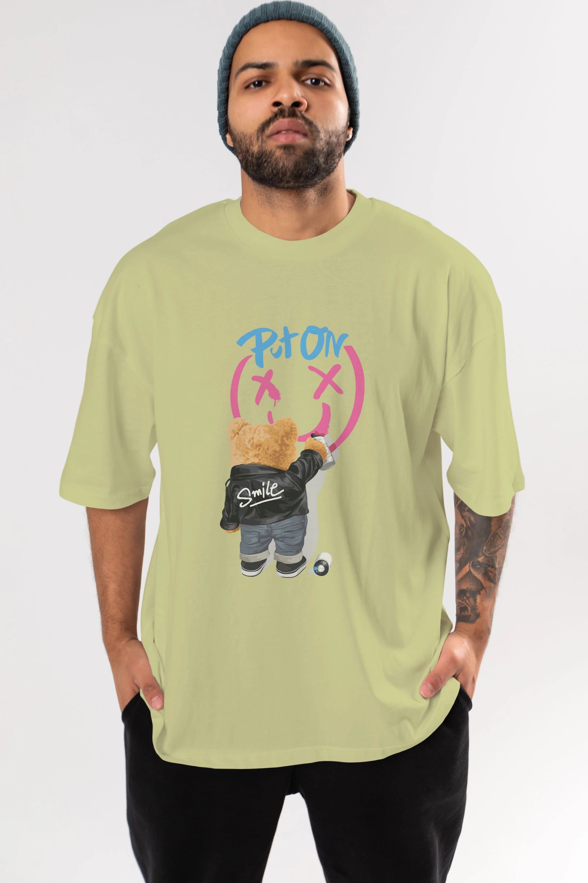 Put on Smile Bear Ön Baskılı Oversize t-shirt Erkek Kadın Unisex