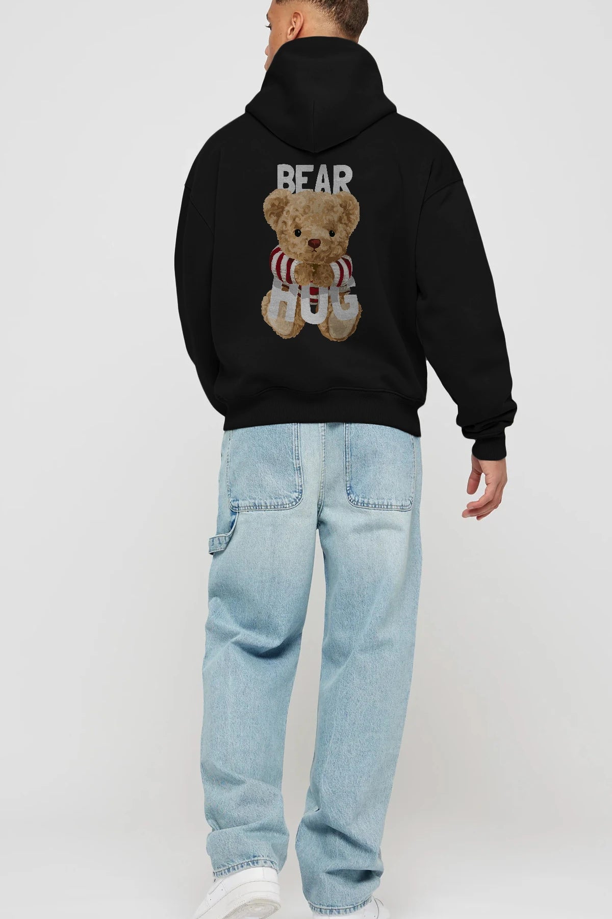 Teddy Bear Hug Arka Baskılı Hoodie Oversize Kapüşonlu Sweatshirt Erkek Kadın Unisex