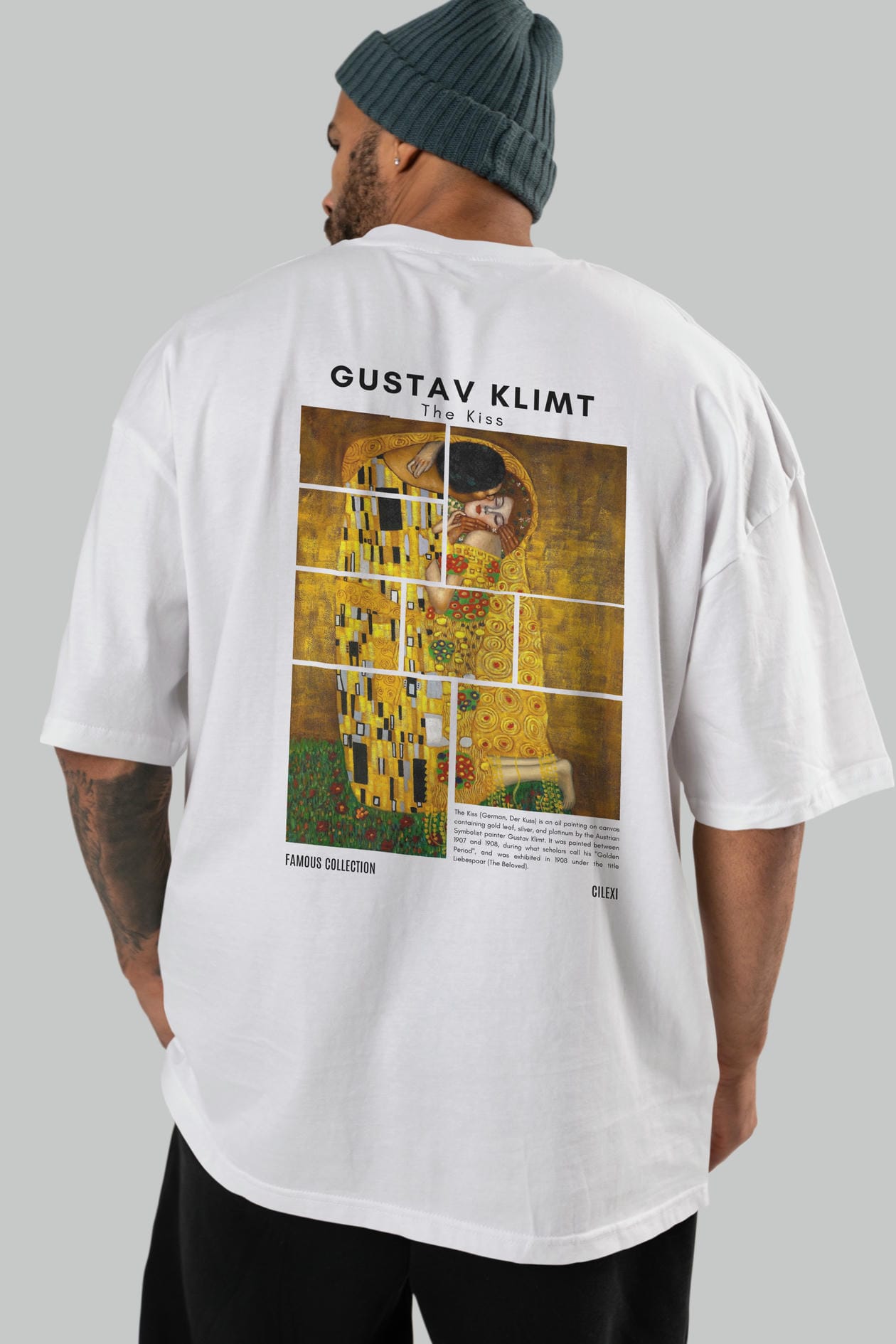 Gustav Klimt The Kiss Arka Baskılı Oversize t-shirt Erkek Kadın Bisiklet Yaka Pamuk tişort