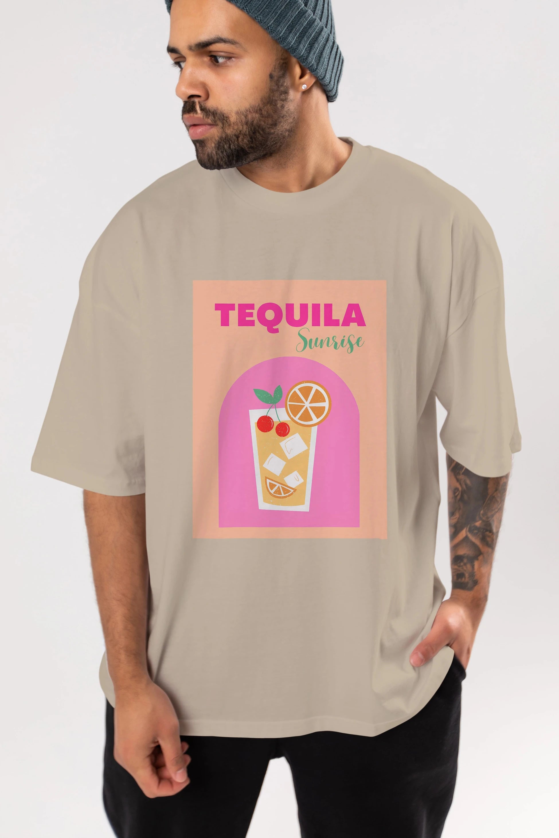 Tequila Sunrise 2 Ön Baskılı Oversize t-shirt Erkek Kadın Unisex %100 Pamuk Bisiklet Yaka tişort
