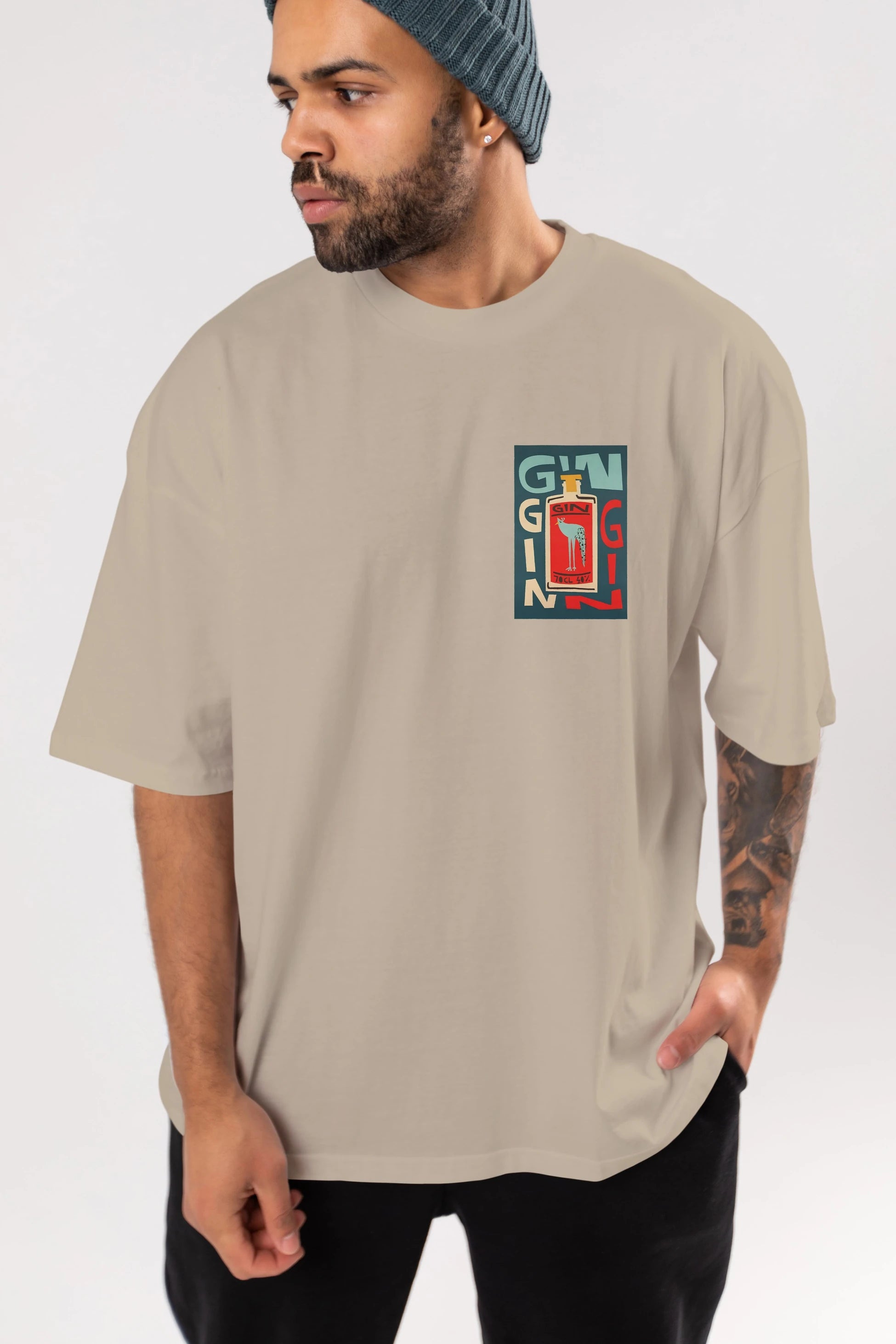Gin 2 Ön Sol Baskılı Oversize t-shirt Erkek Kadın Unisex %100 Pamuk Bisiklet Yaka tişort