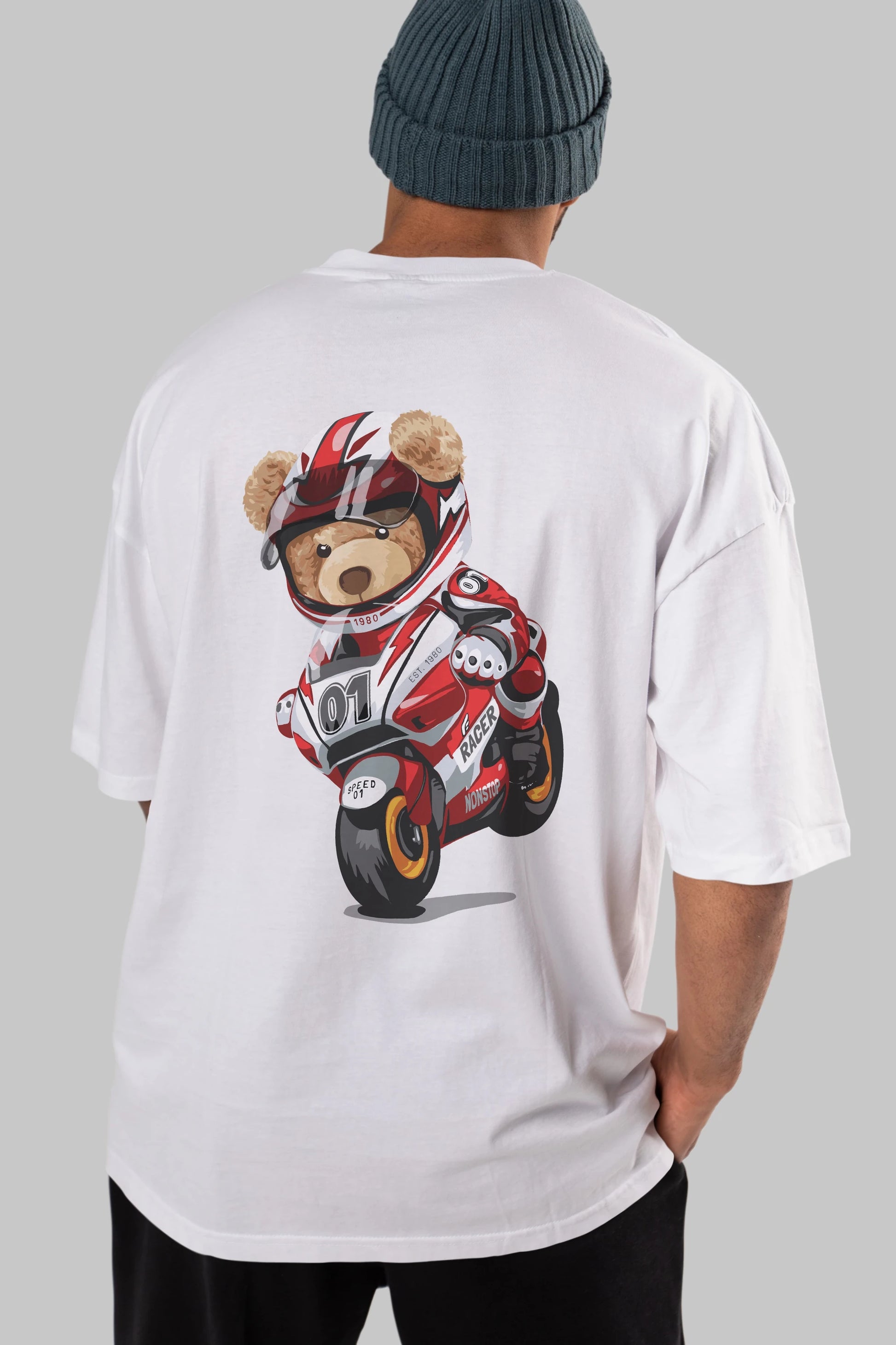 Teddy Bear Racer Arka Baskılı Oversize t-shirt Erkek Kadın Unisex %100 Pamuk