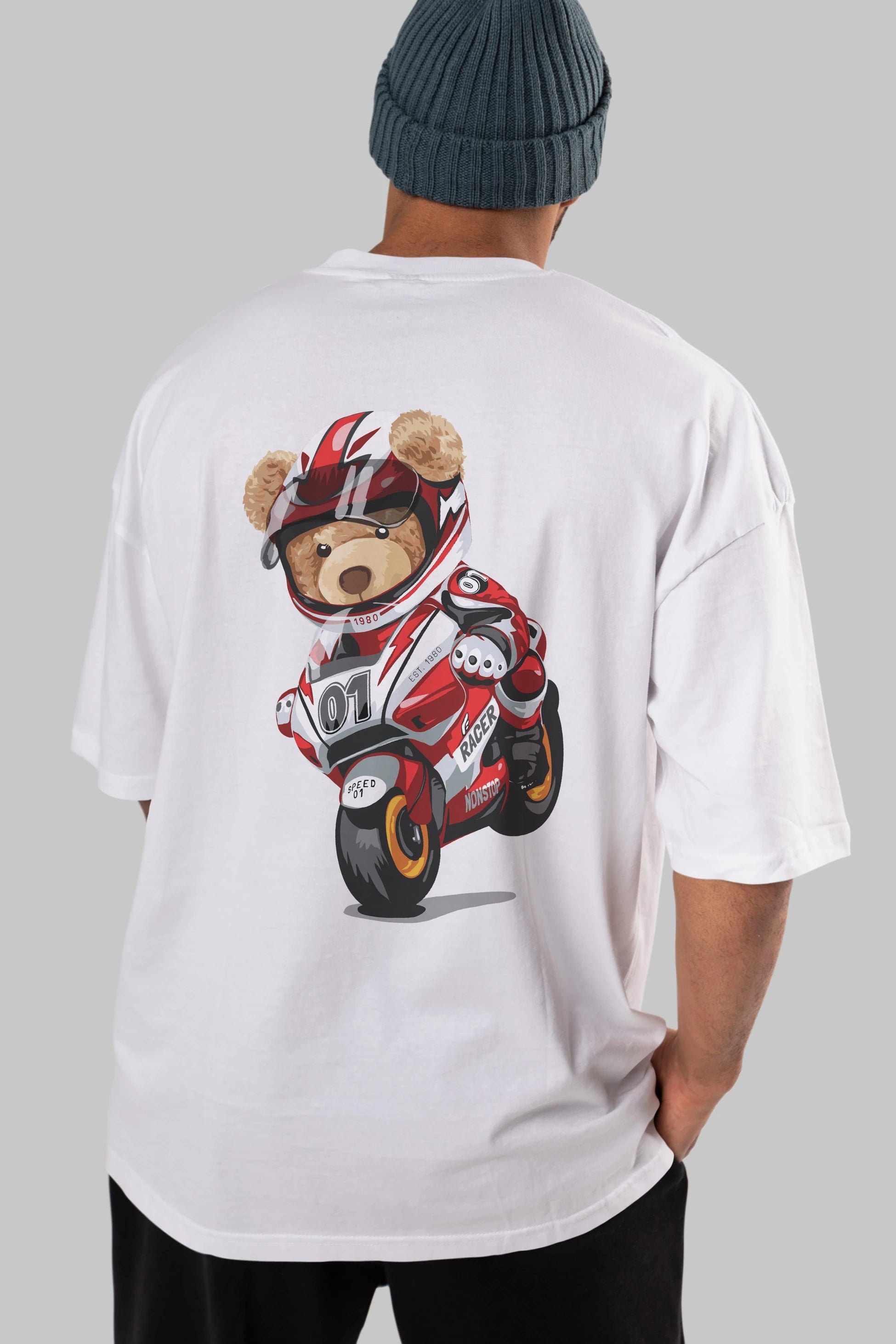 Teddy Bear Racer Arka Baskılı Oversize t-shirt Erkek Kadın Unisex %100 Pamuk