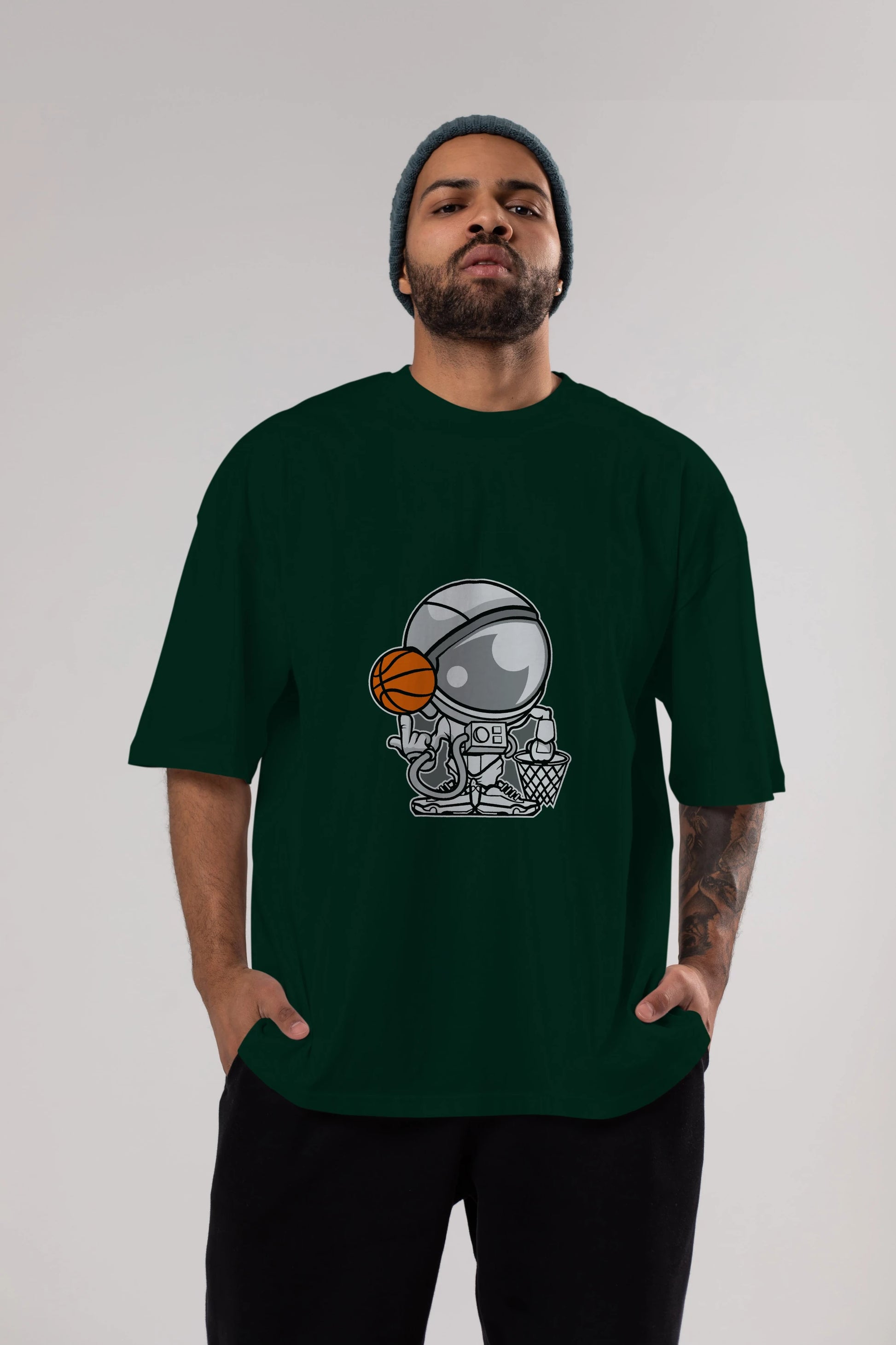 Astronaut Basketball Ön Baskılı Oversize t-shirt Erkek Kadın Unisex %100 Pamuk tişort