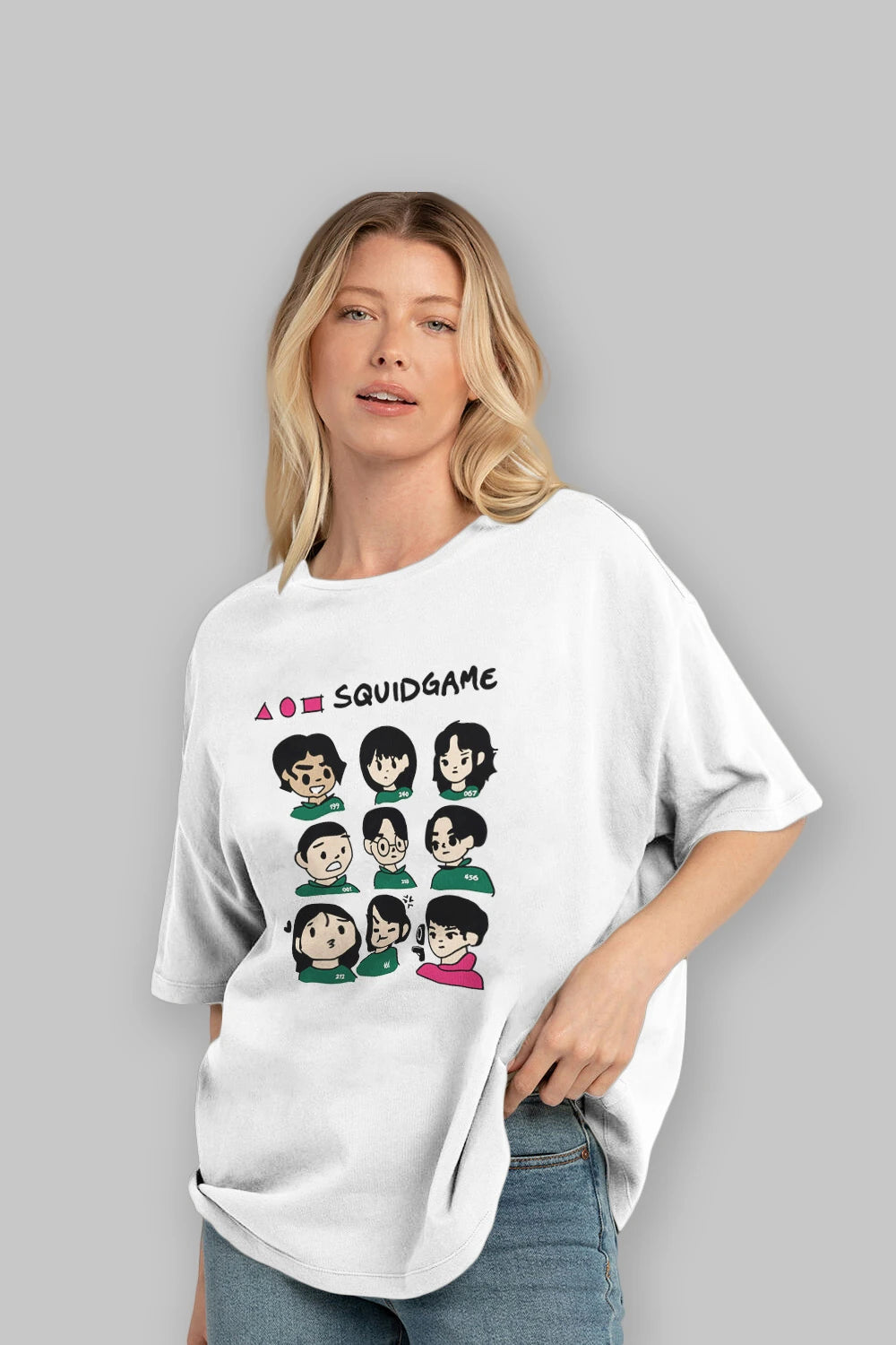 Squid Game (3) Ön Baskılı Oversize t-shirt Erkek Kadın Unisex %100 Pamuk Bisiklet Yaka tişort