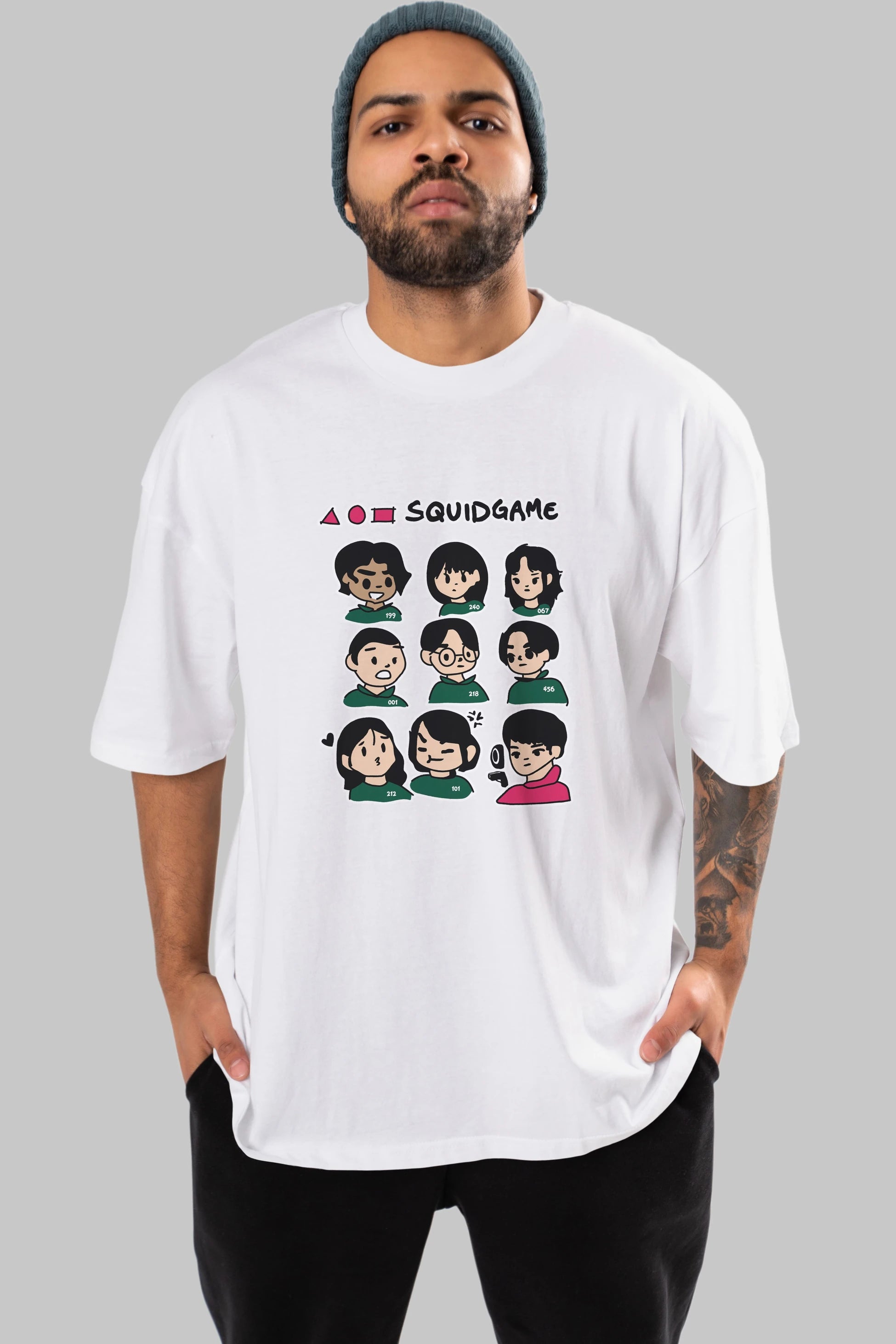 Squid Game (3) Ön Baskılı Oversize t-shirt Erkek Kadın Unisex %100 Pamuk Bisiklet Yaka tişort