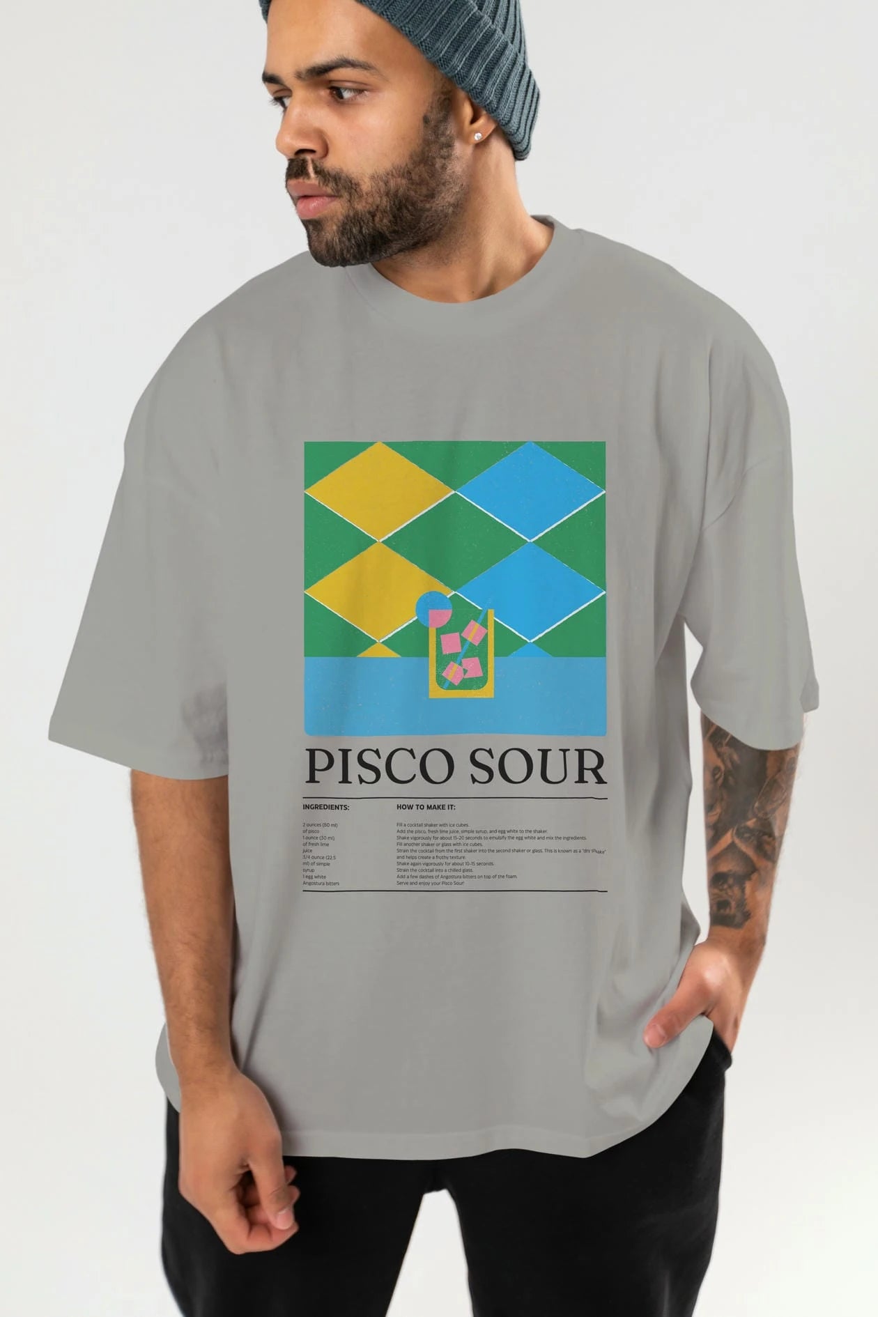 Pisco Sour Kokteyl Ön Baskılı Oversize t-shirt Erkek Kadın %100 Pamuk Bisiklet Yaka tişort