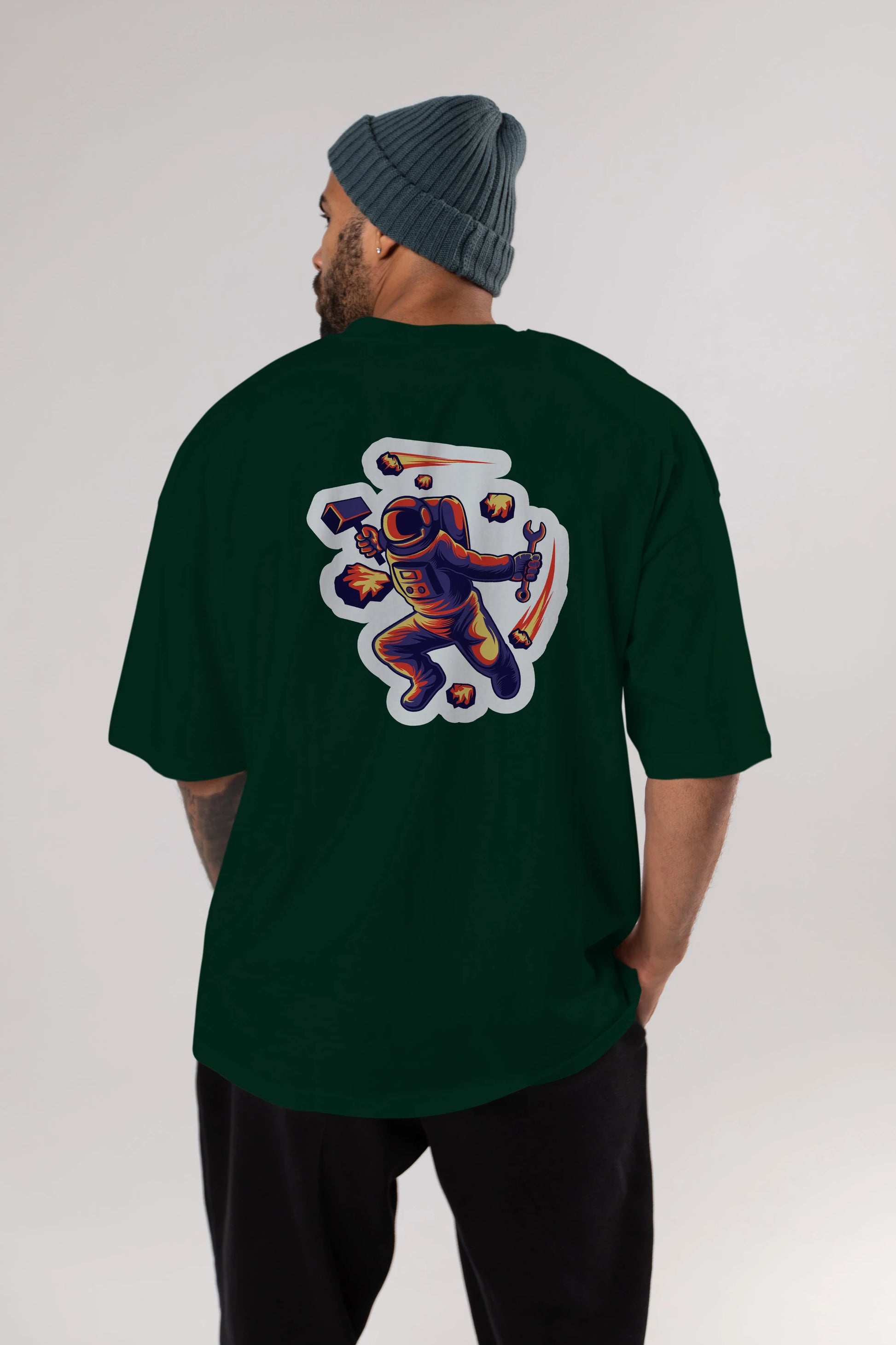 Astronaut Block Meteor Sticker Arka Baskılı Oversize t-shirt Erkek Kadın Unisex