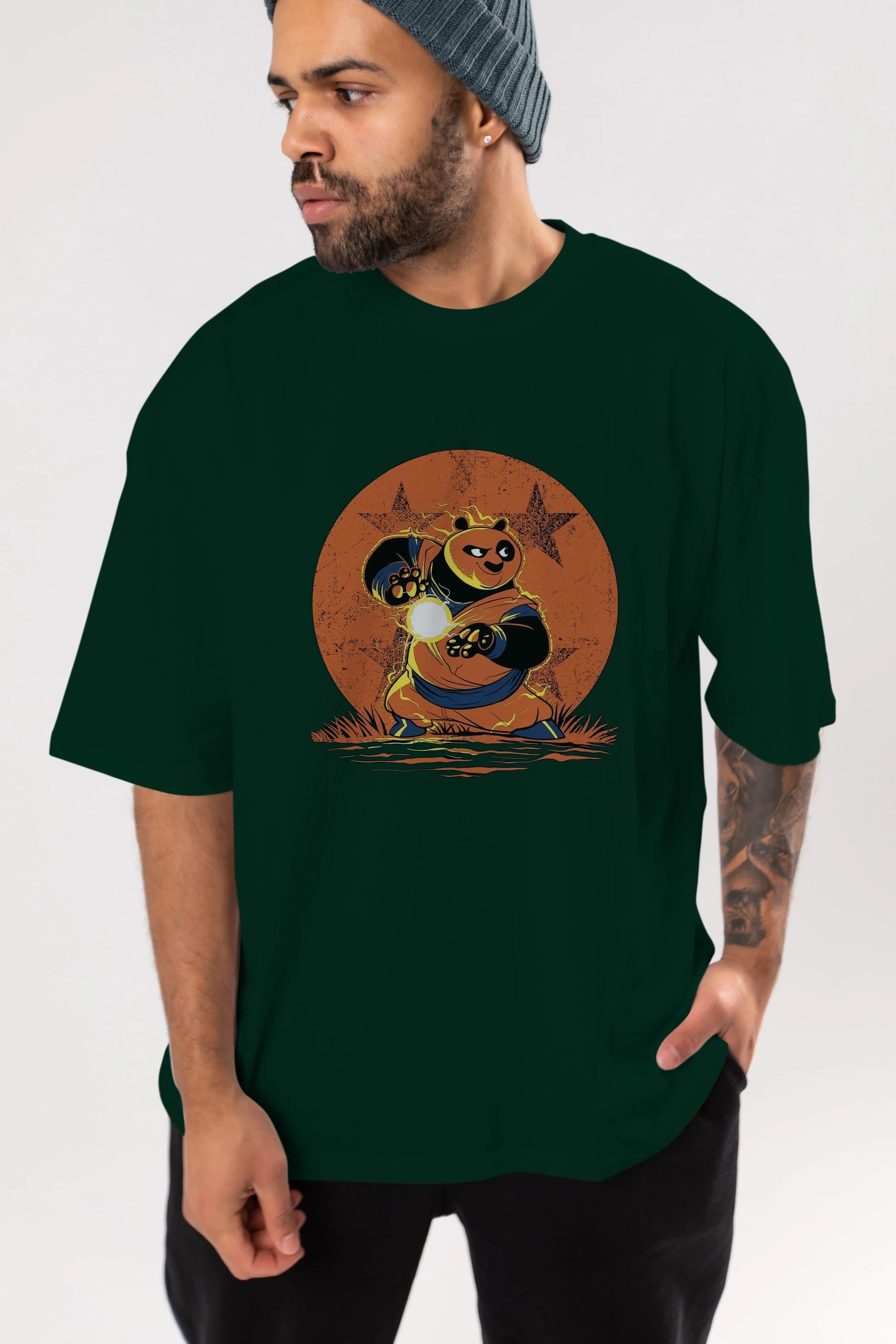 Kung Fu Panda Ön Baskılı Oversize t-shirt Erkek Kadın Unisex %100 Pamuk Bisiklet Yaka tişort