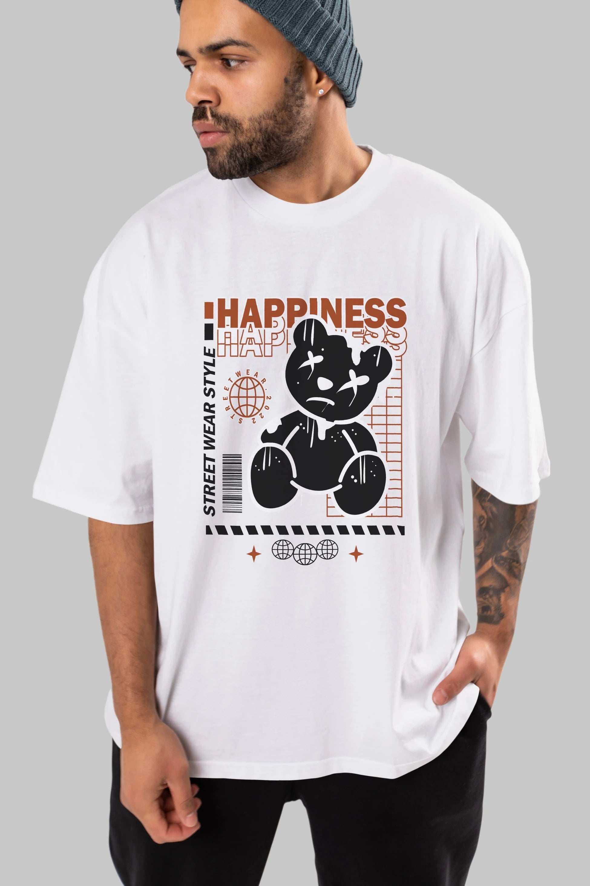 Happiness Bear 2 Ön Baskılı Oversize t-shirt Erkek Kadın Unisex
