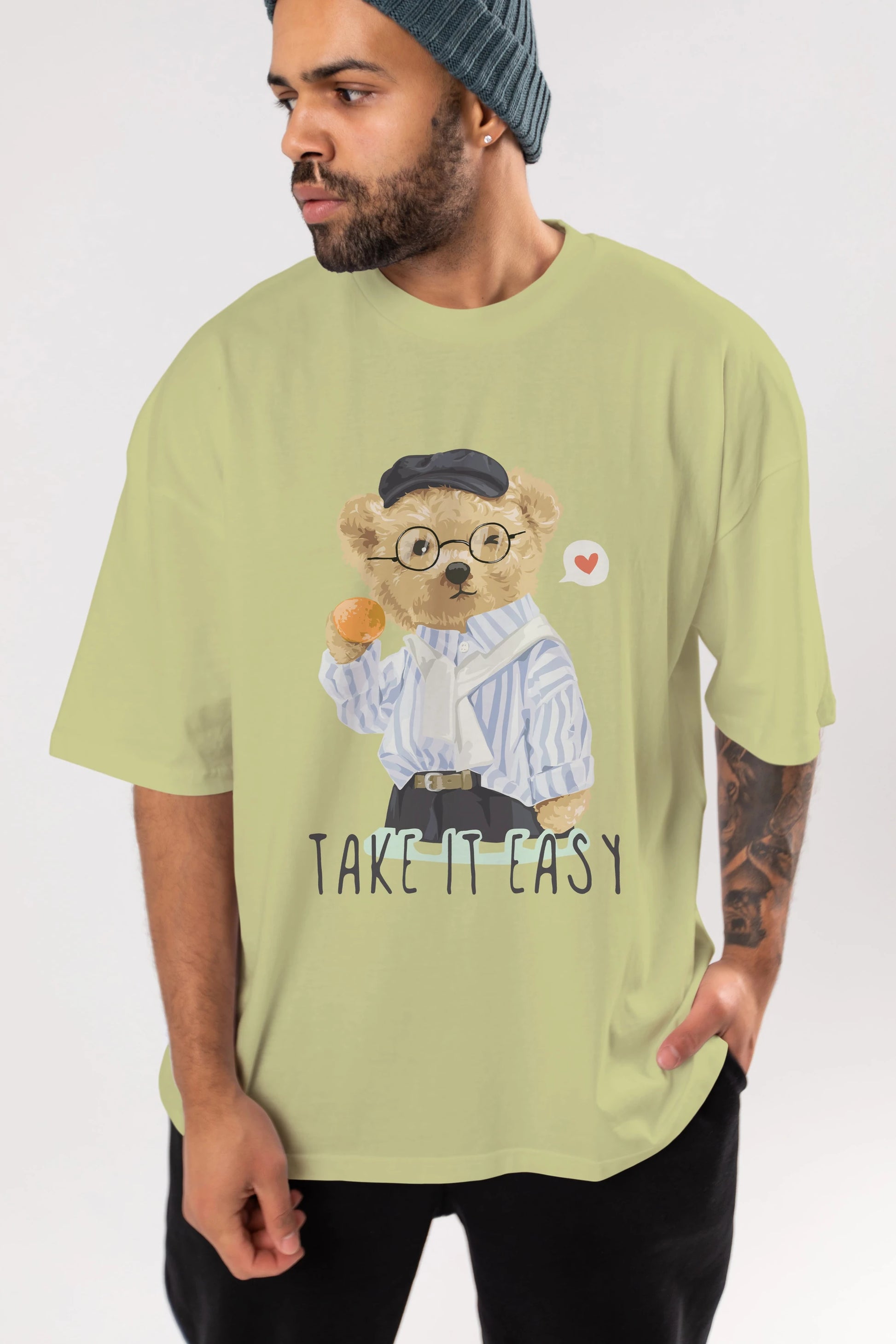 Teddy Bear Take it Easy Ön Baskılı Oversize t-shirt Erkek Kadın Unisex %100 Pamuk