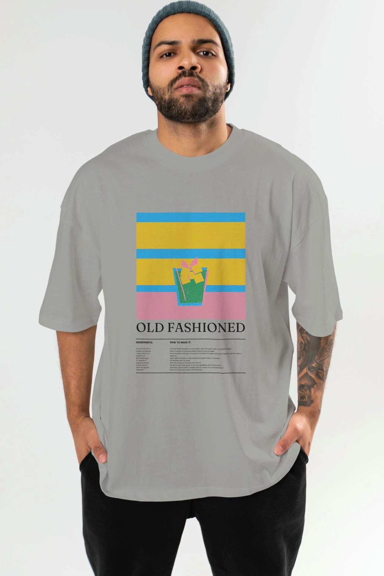 Old Fashioned Kokteyl Ön Baskılı Oversize t-shirt Erkek Kadın %100 Pamuk Bisiklet Yaka tişort