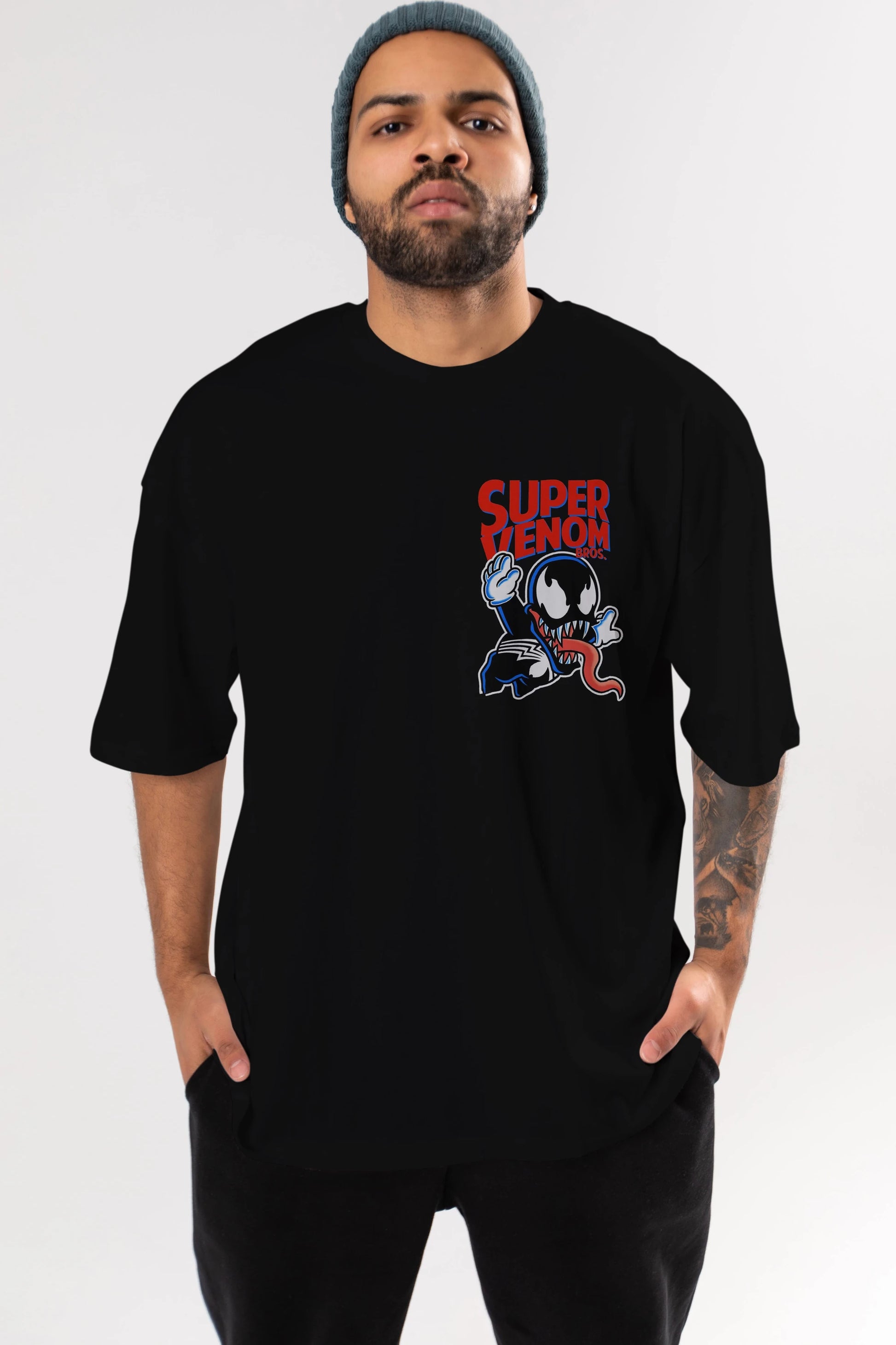 Super Venom Ön Sol Baskılı Oversize t-shirt Erkek Kadın Unisex %100 Pamuk Bisiklet Yaka tişort