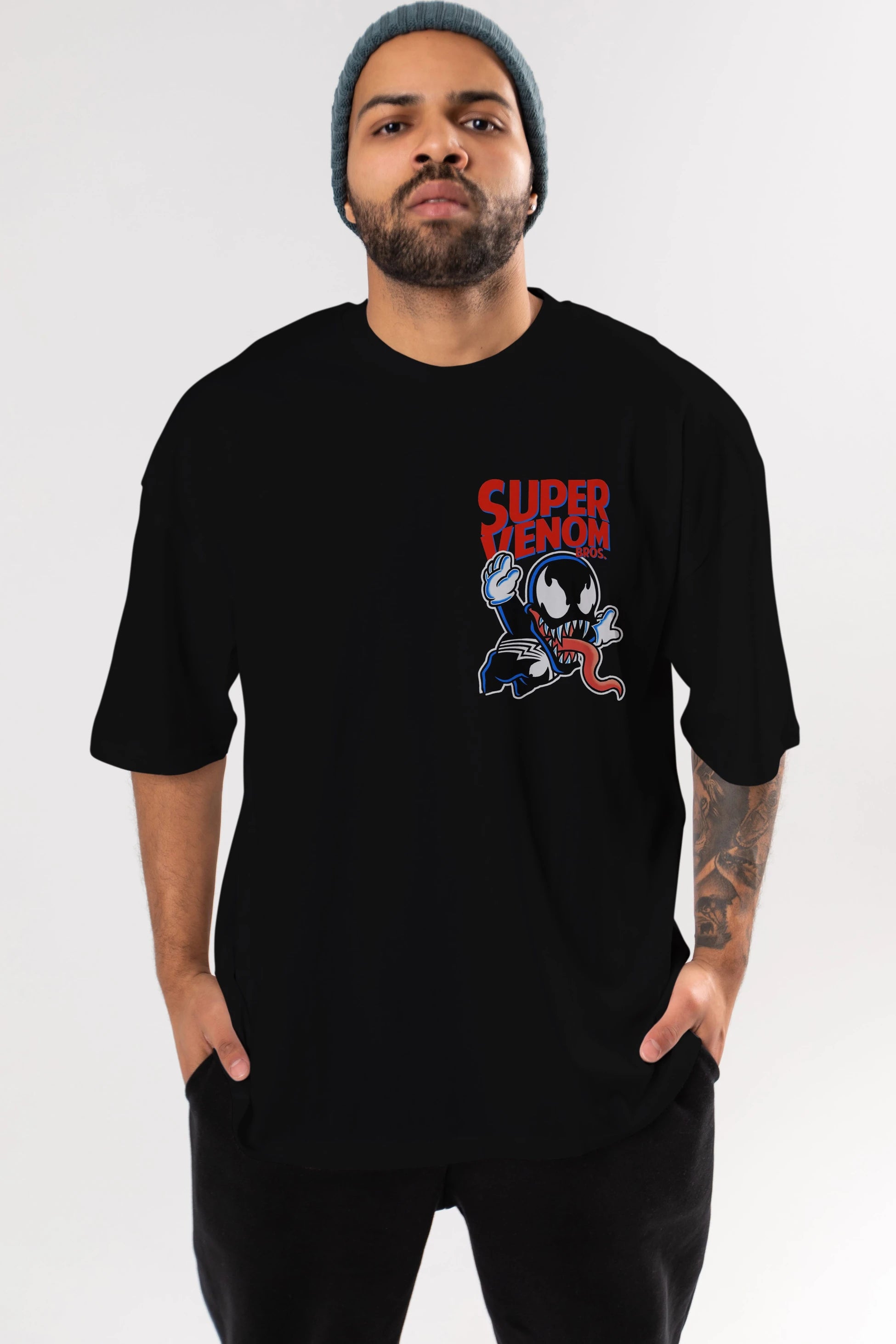 Super Venom Ön Sol Baskılı Oversize t-shirt Erkek Kadın Unisex %100 Pamuk Bisiklet Yaka tişort