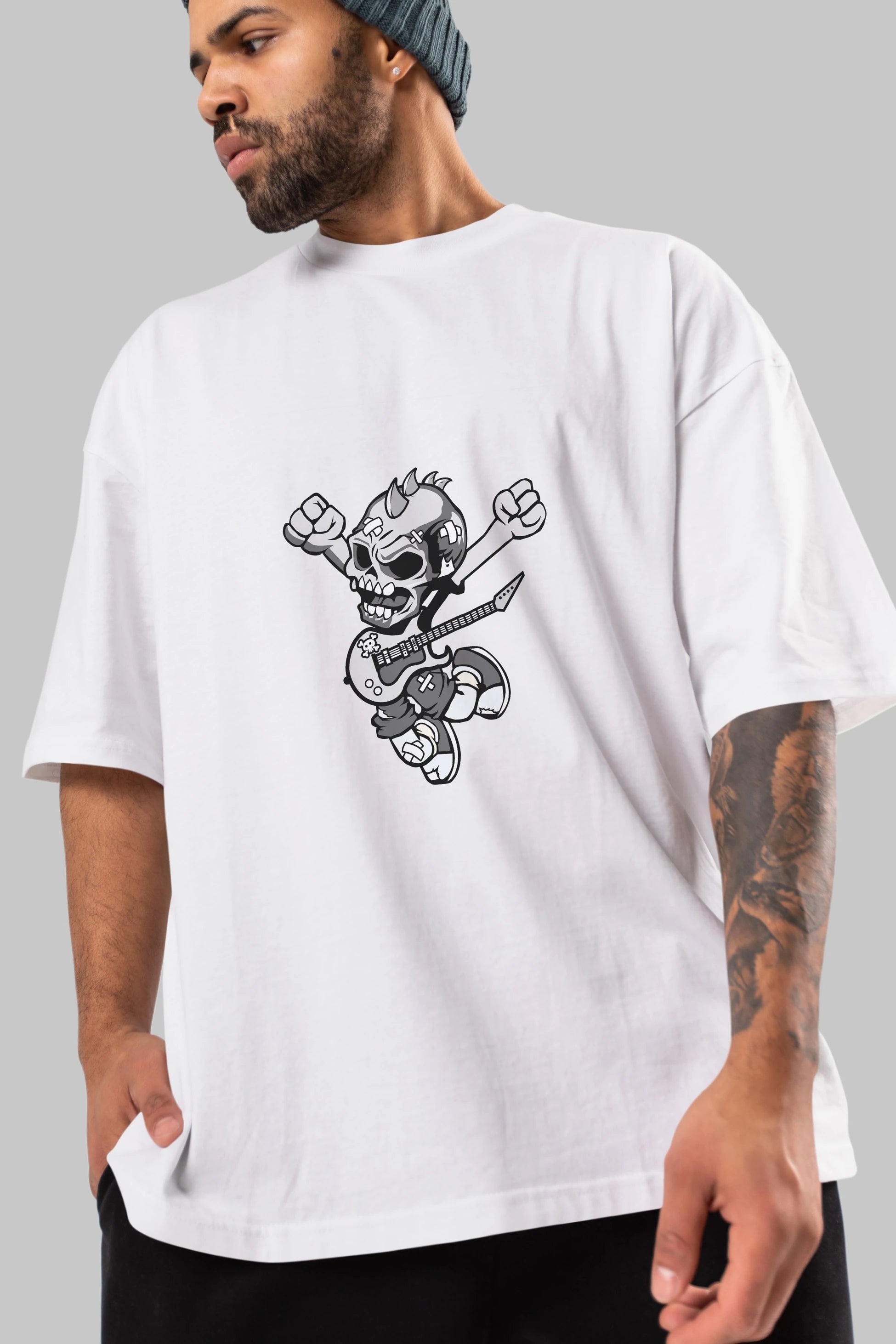 Punk Rocker Metal Guitar Ön Baskılı Oversize t-shirt Erkek Kadın Unisex %100 Pamuk tişort