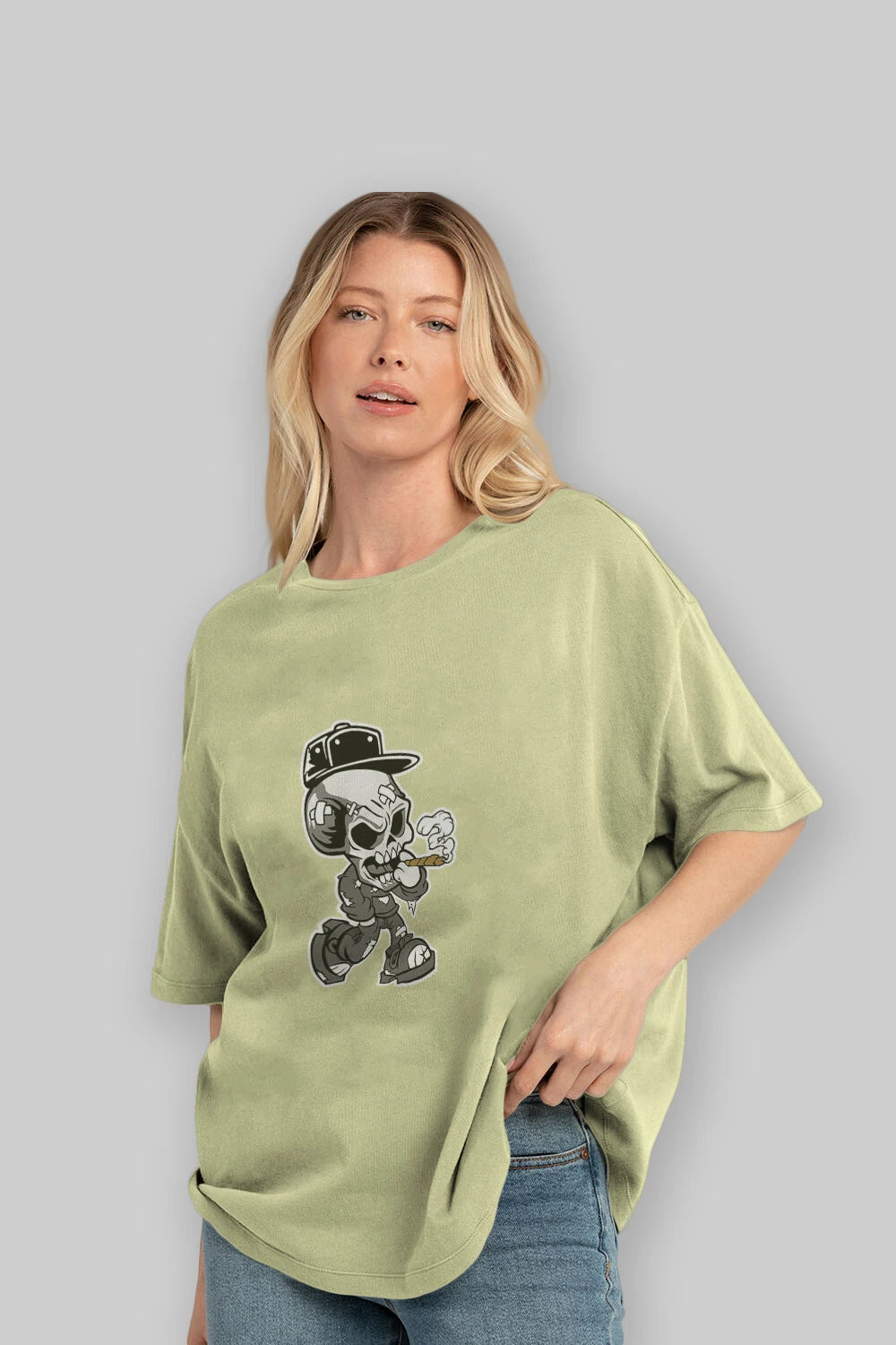 Skull Smoker Ön Baskılı Oversize t-shirt Erkek Kadın Unisex %100 Pamuk tişort