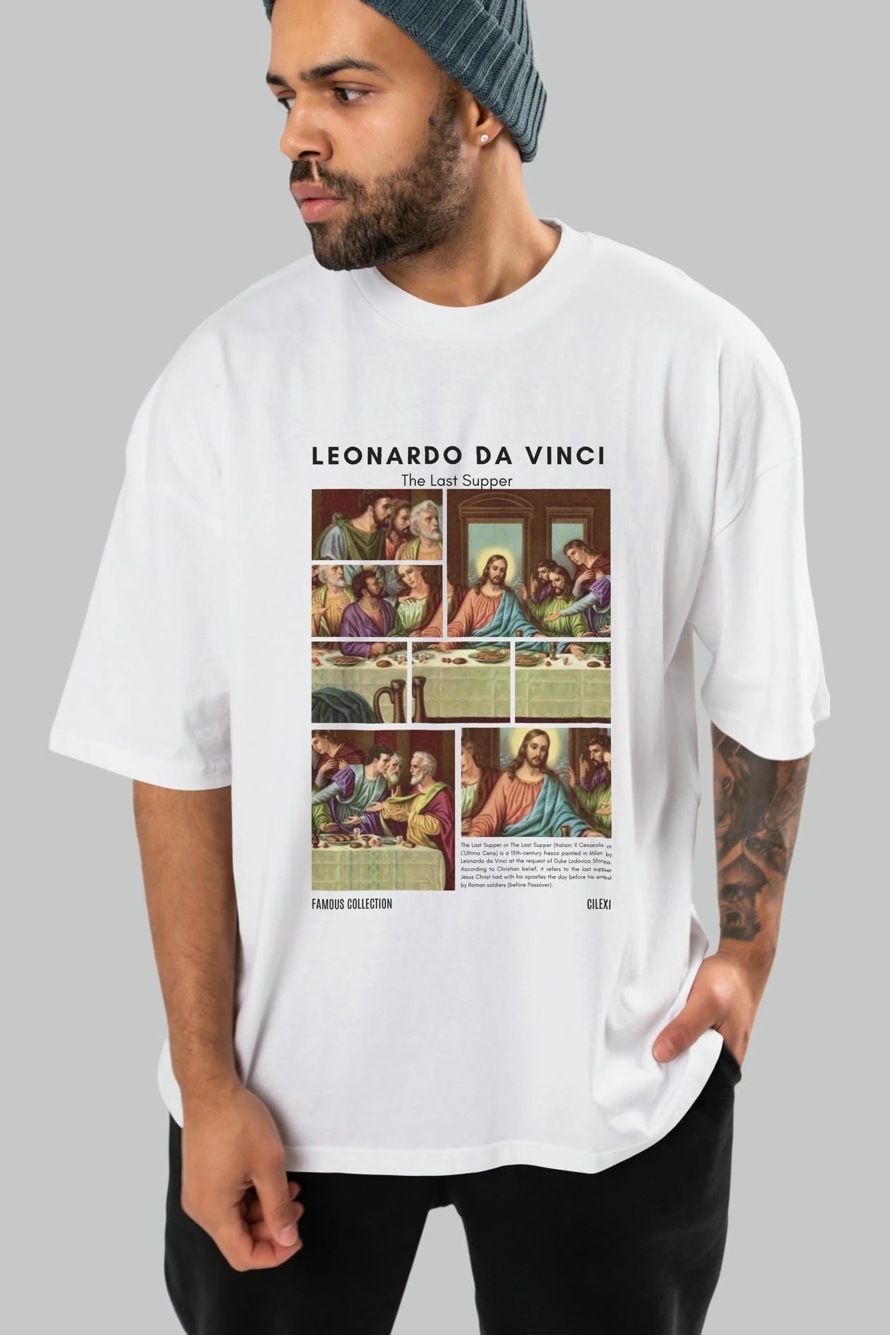Leonardo Da Vinci ön Baskılı Oversize t-shirt Erkek Kadın Bisiklet Yaka Pamuk tişort
