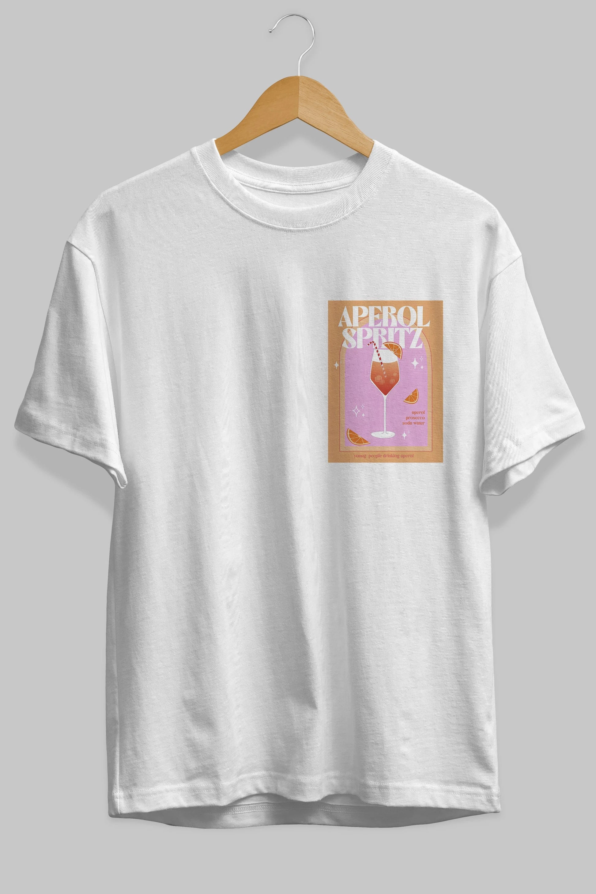 Aperol Spritz 2 Ön Sol Baskılı Oversize t-shirt Erkek Kadın Unisex %100 Pamuk Bisiklet Yaka tişort