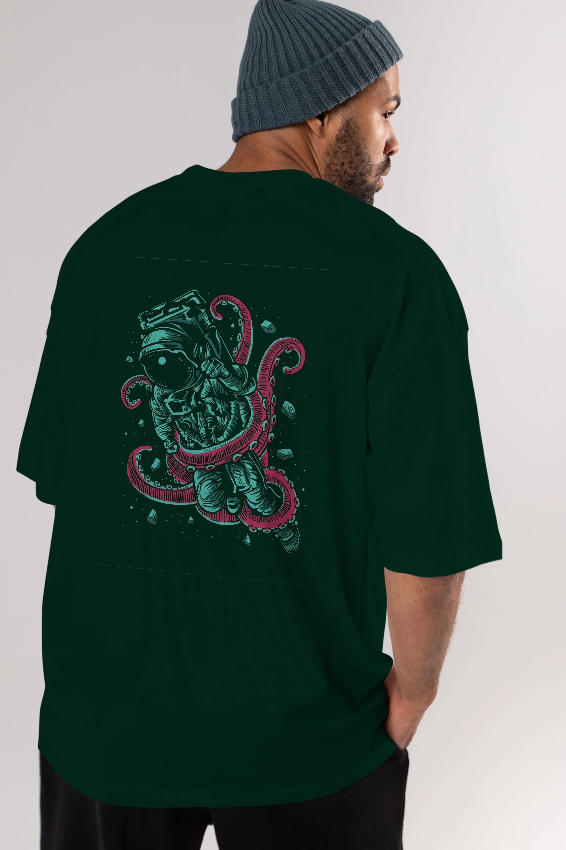 Astronaut Octopus Arka Baskılı Oversize t-shirt Erkek Kadın Unisex %100 Pamuk