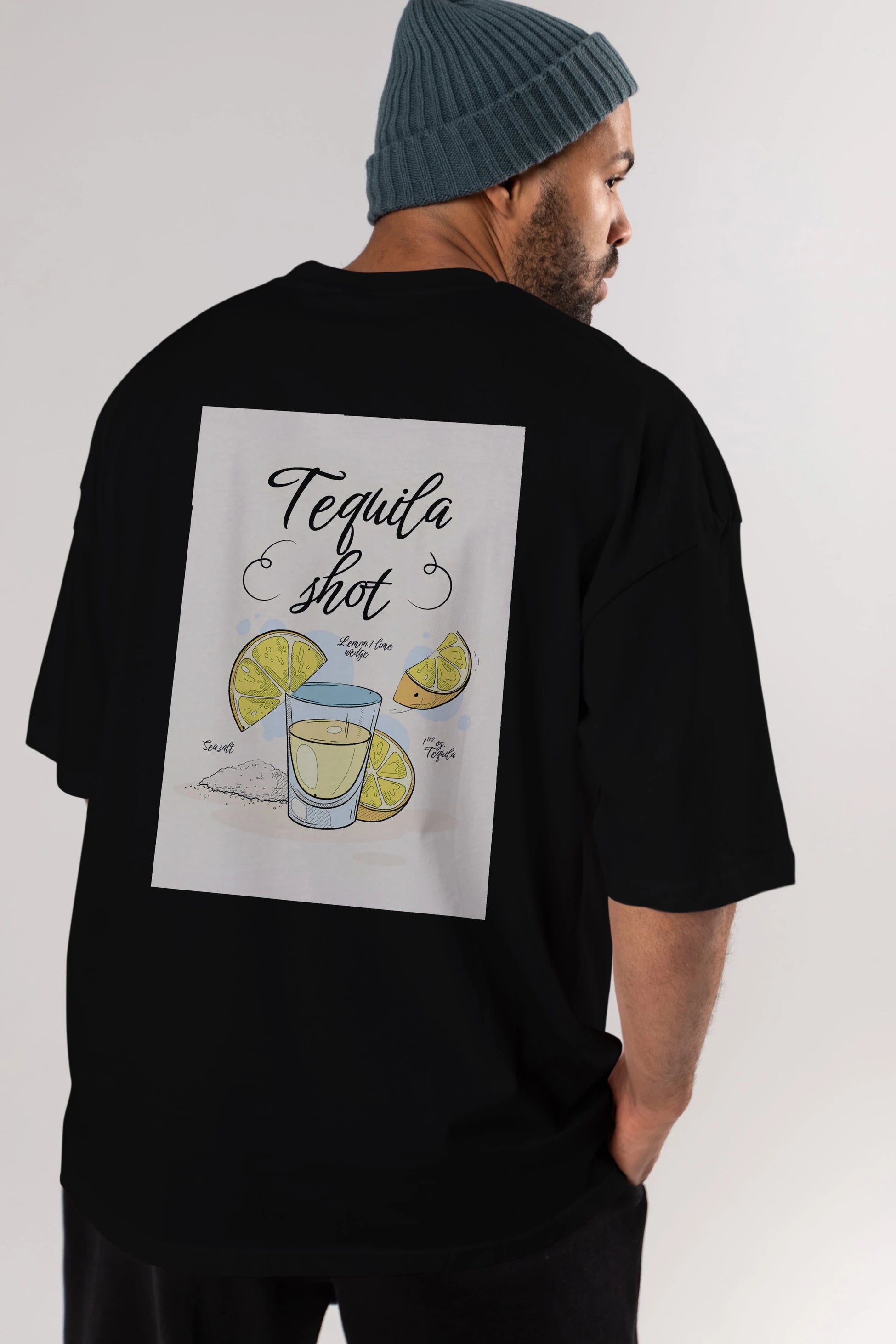 Tequila Shot Arka Baskılı Oversize t-shirt Erkek Kadın Unisex %100 Pamuk Bisiklet Yaka tişort