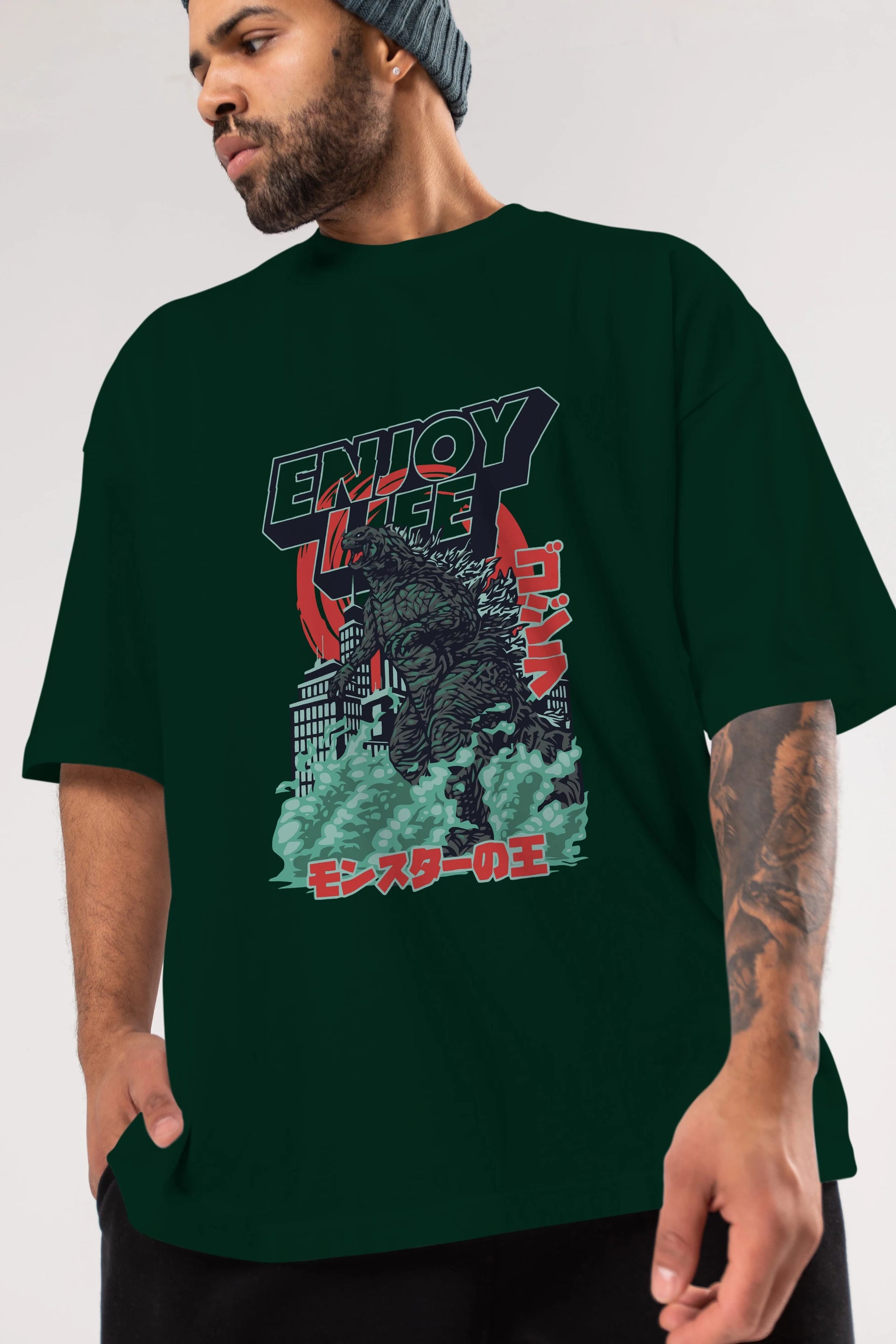 Godzilla Ön Baskılı Oversize t-shirt Erkek Kadın Unisex %100 Pamuk Bisiklet Yaka tişort