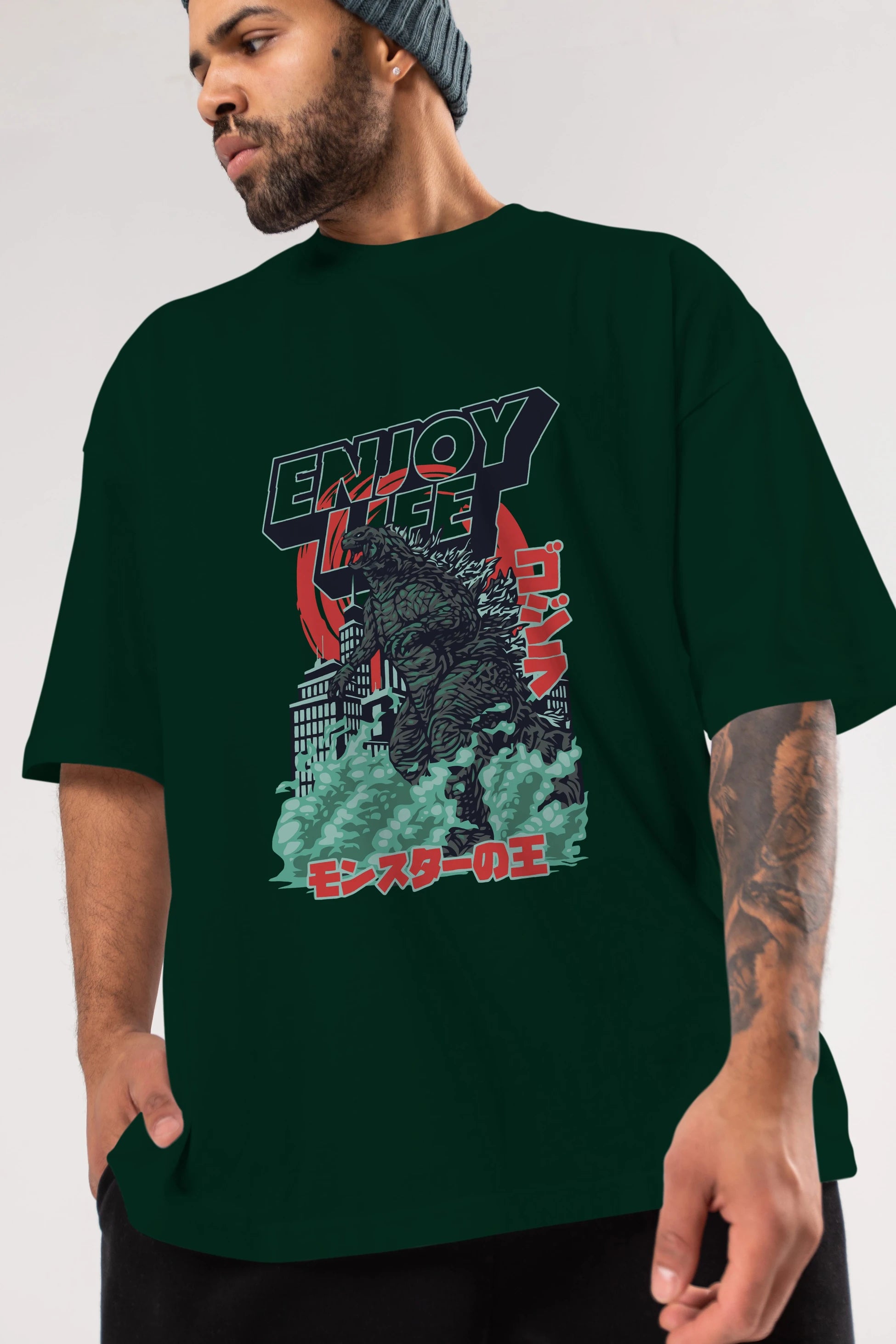 Godzilla Ön Baskılı Oversize t-shirt Erkek Kadın Unisex %100 Pamuk Bisiklet Yaka tişort