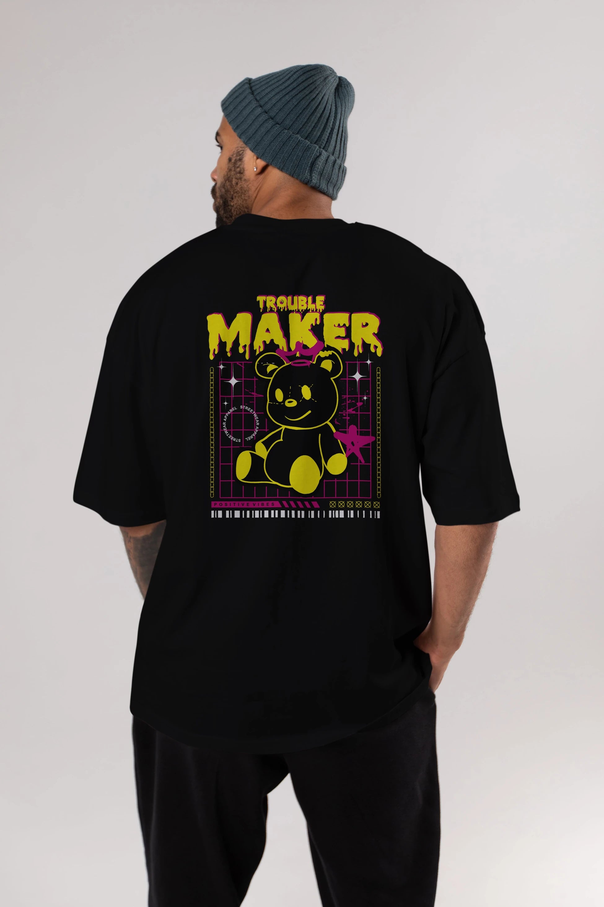 Teddy Bear Trouble Maker Arka Baskılı Oversize t-shirt Erkek Kadın Unisex