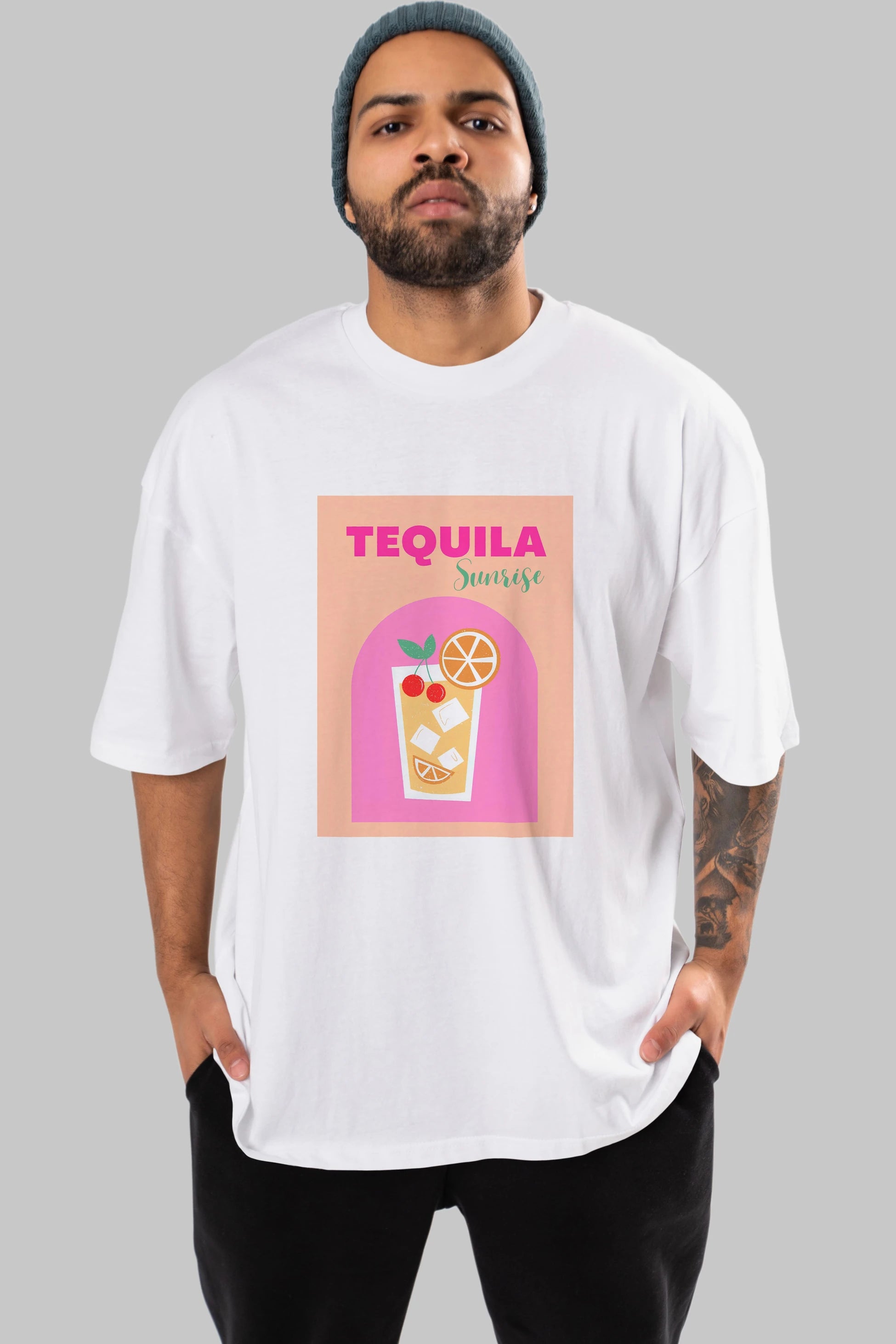 Tequila Sunrise 2 Ön Baskılı Oversize t-shirt Erkek Kadın Unisex %100 Pamuk Bisiklet Yaka tişort