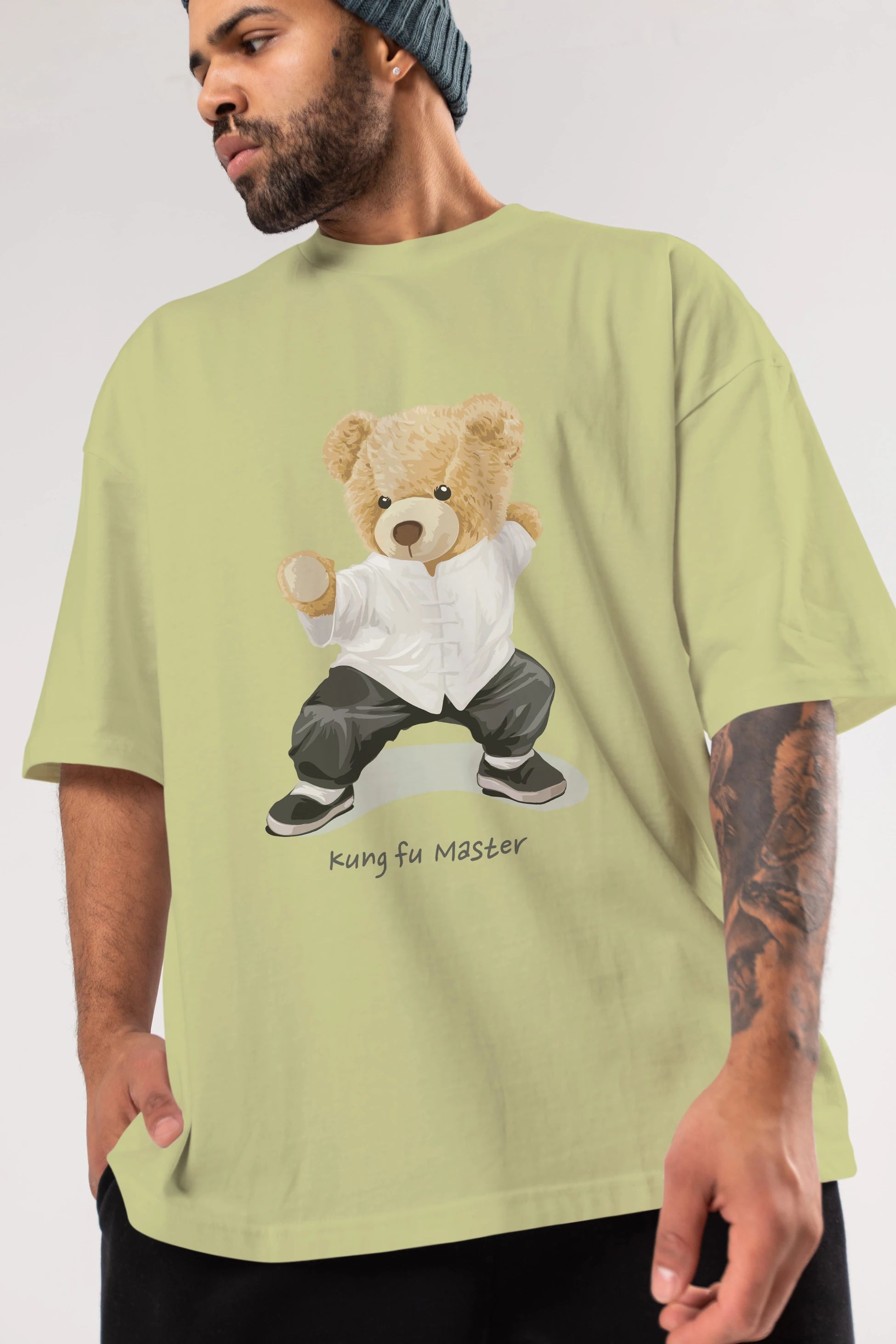 Teddy Bear Kung Fu Master Ön Baskılı Oversize t-shirt Erkek Kadın Unisex %100 Pamuk