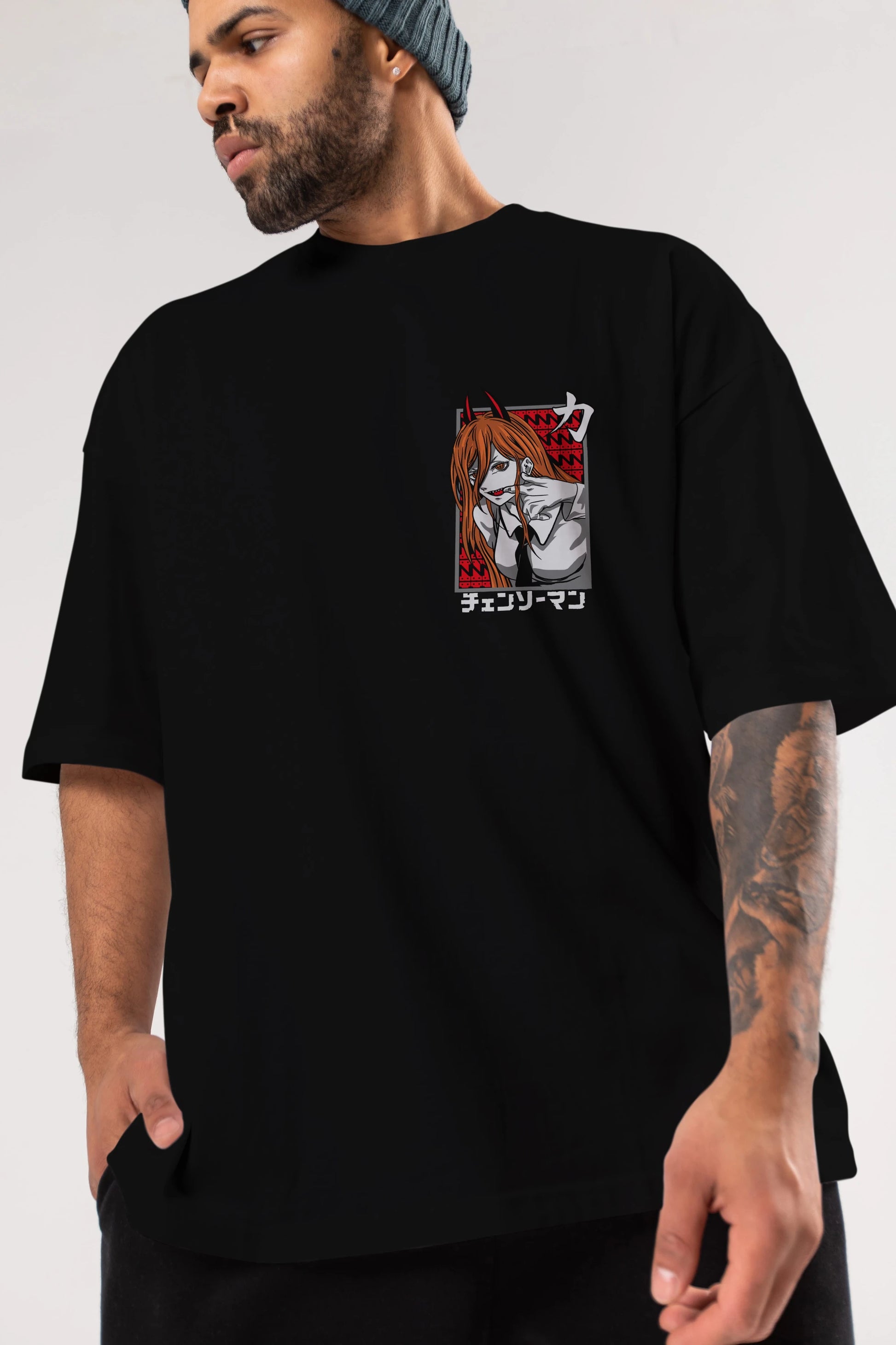 CHAINSAWMAN POWER Ön Sol Baskılı Oversize t-shirt Erkek Kadın Unisex %100 Pamuk Bisiklet Yaka tişort
